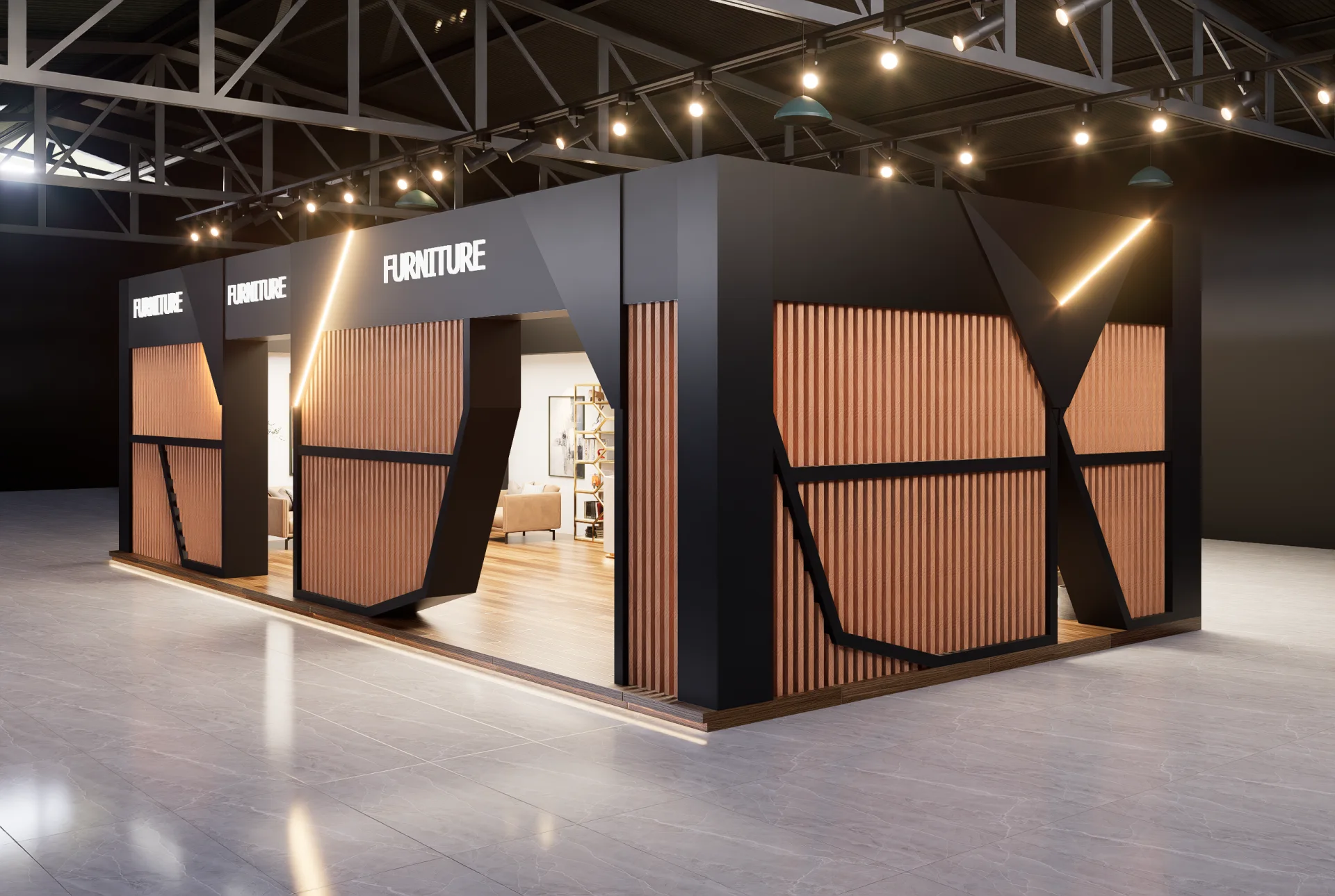 Side architectural elevation of furniture exhibition pavilion showcasing geometric V-beam framing, LED light strip, and vertical timber screen
