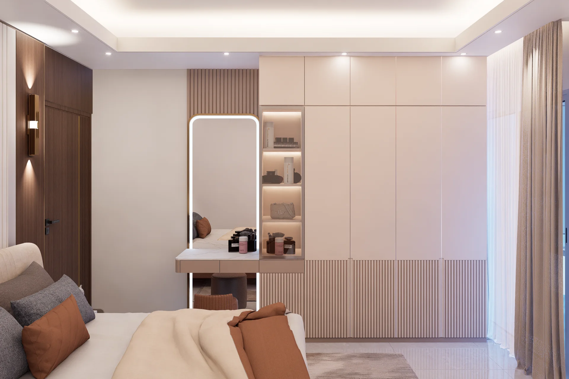 Bedroom 2 vanity table with curved backlit LED mirror floating makeup desk and 3-tier illuminated glass display niche