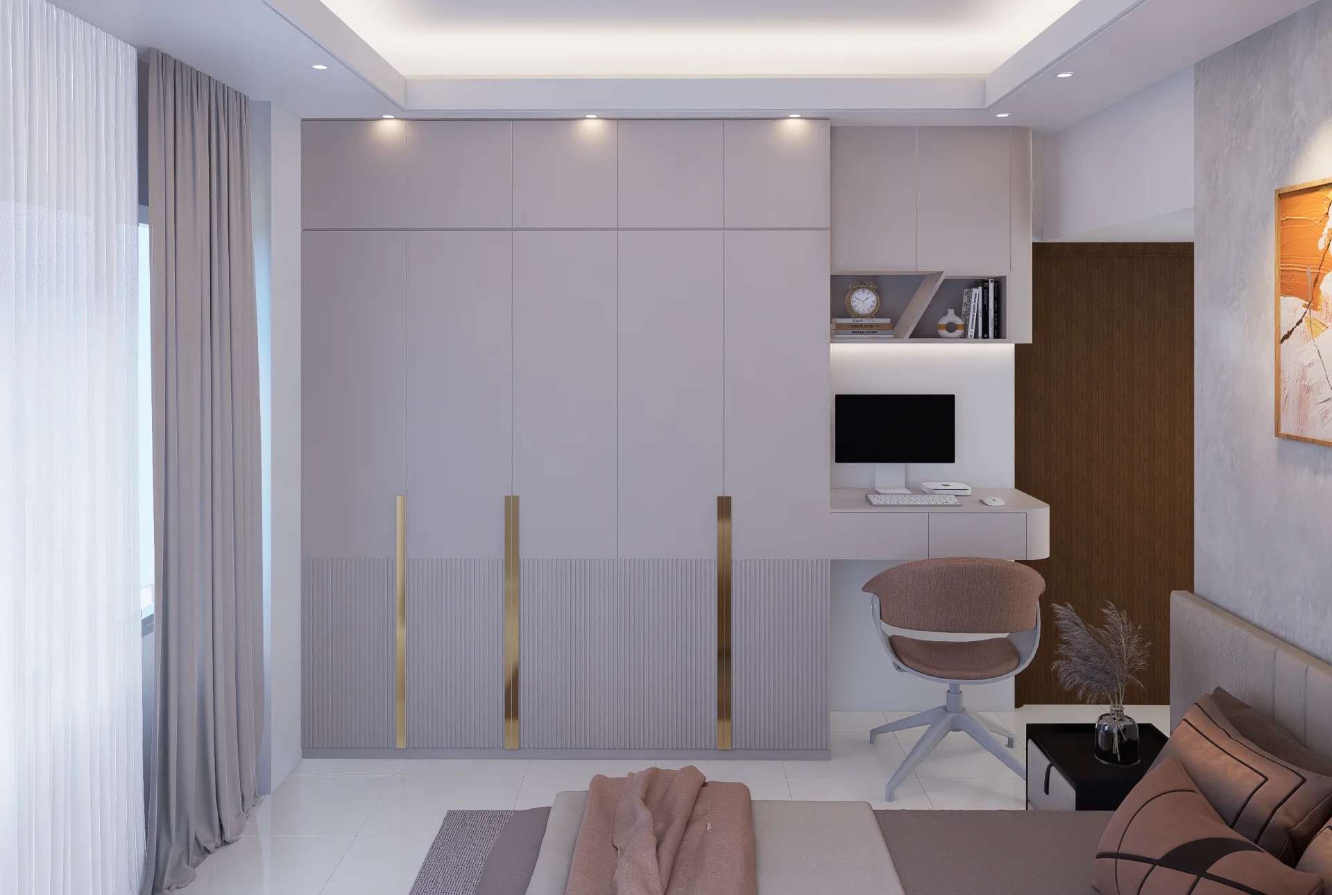 Bedroom 2 wardrobe with fluted lower panels and integrated study desk with wall shelves at Mirpur DOHS, Dhaka