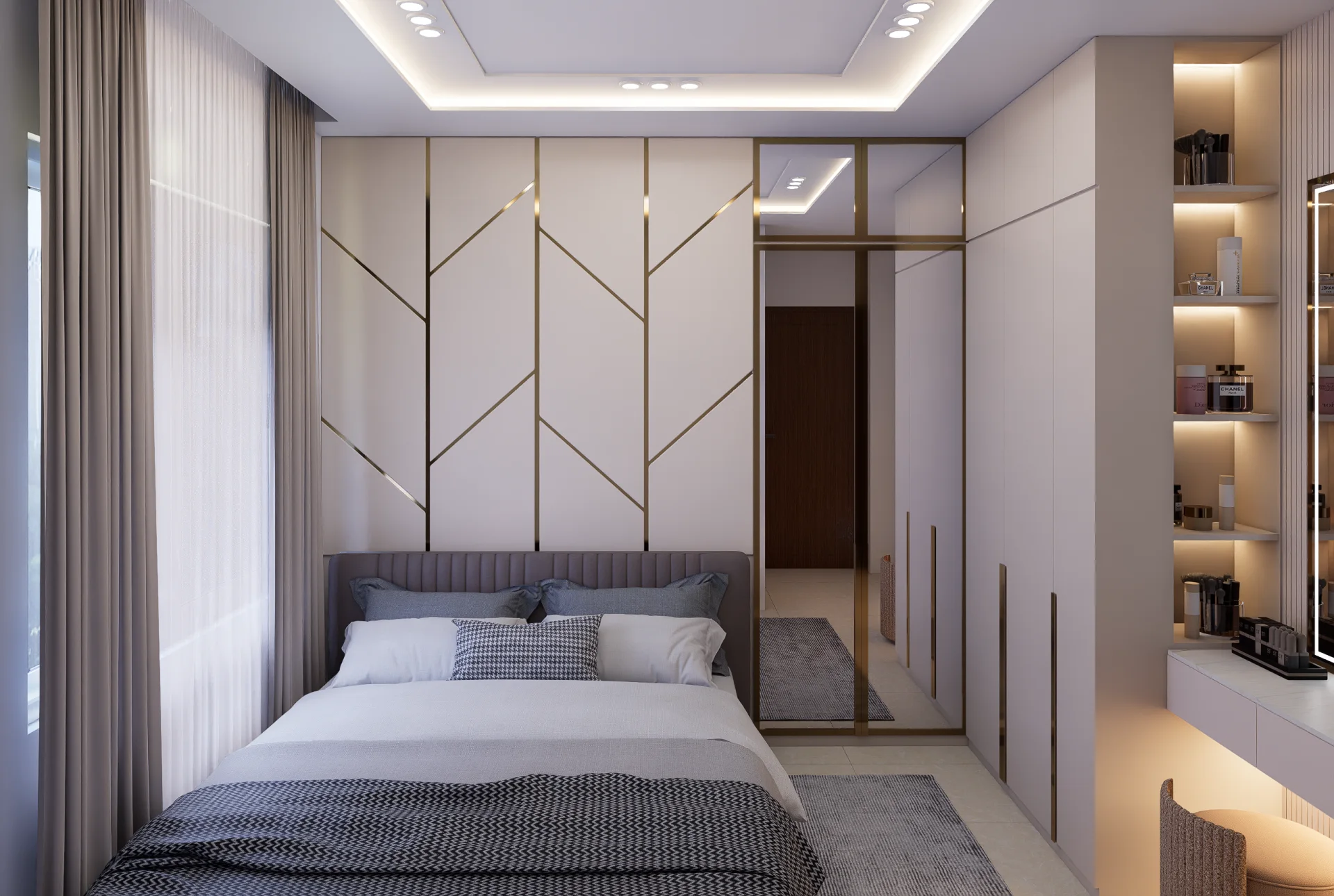 Bedroom 2 featuring geometric wall paneling with angled brass inlays, fluted headboard, and sliding mirrored wardrobe at Tongi, Dhaka