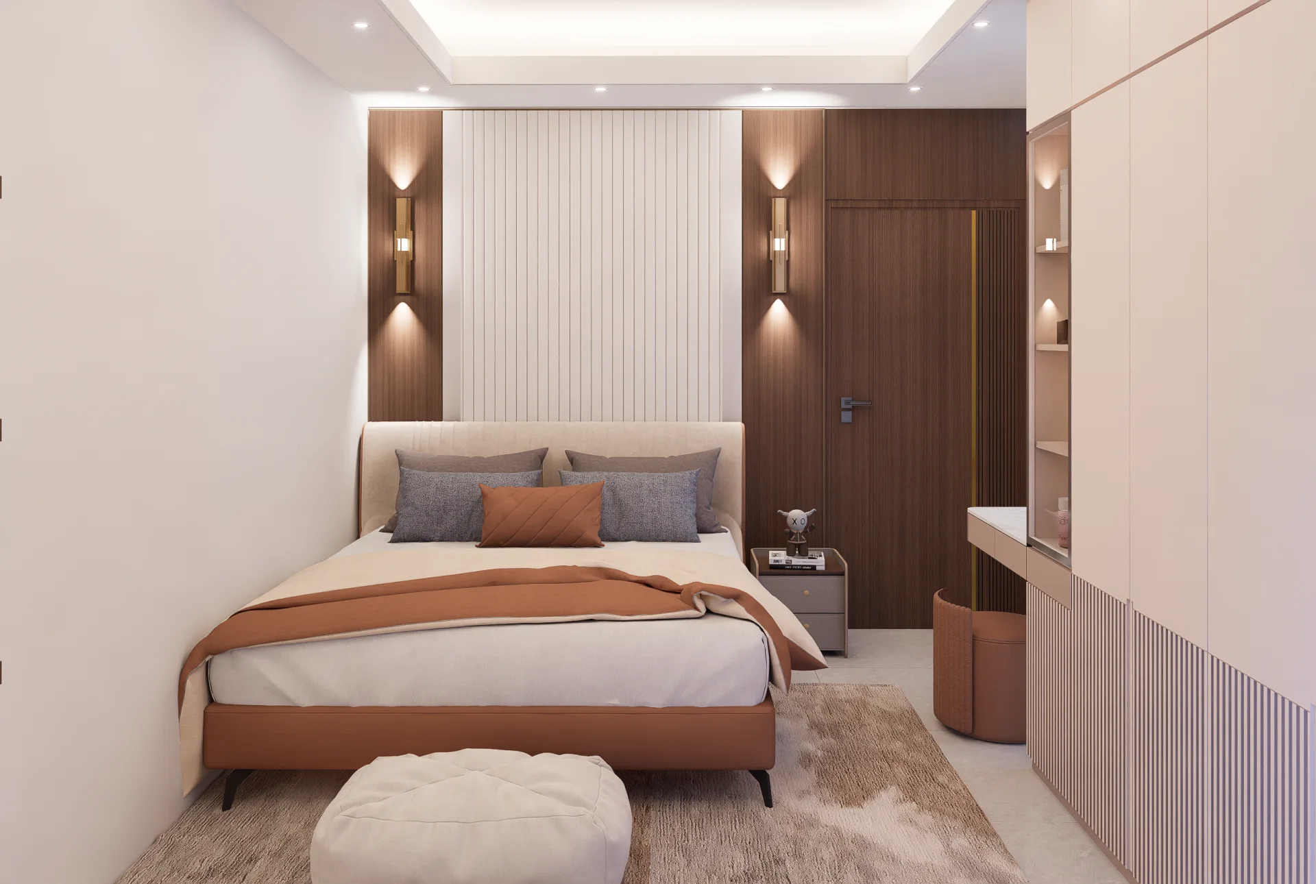 Bedroom 2 with terracotta leather upholstered bed fluted white panel and dual up-and-down brass wall sconces