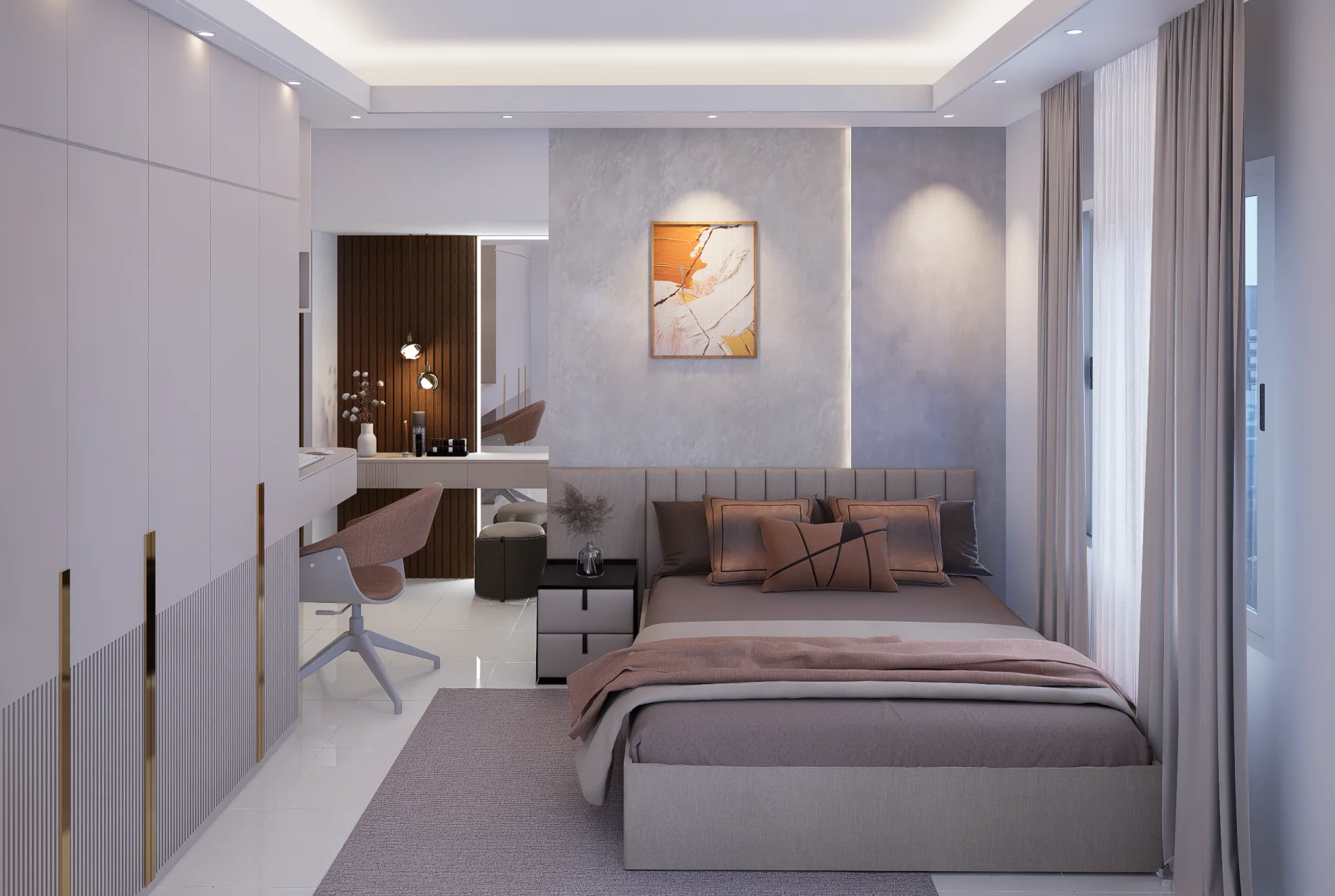Bedroom 2 featuring channeled upholstered bed, textured plaster accent wall with warm vertical LED cove at Mirpur DOHS