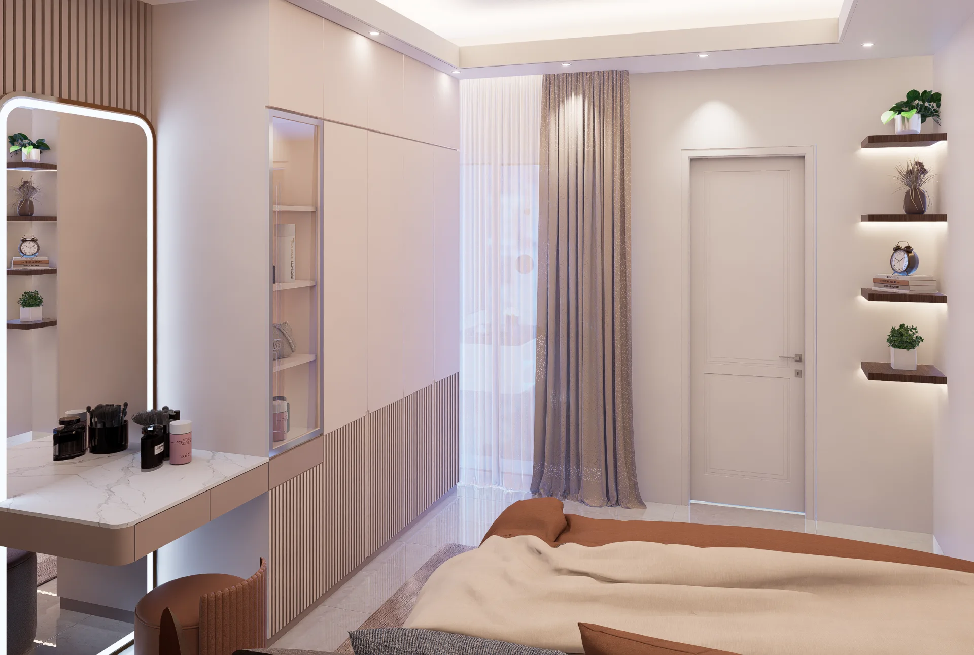 Bedroom 2 built-in wardrobe with vertical fluting and floating display corner shelves with plants