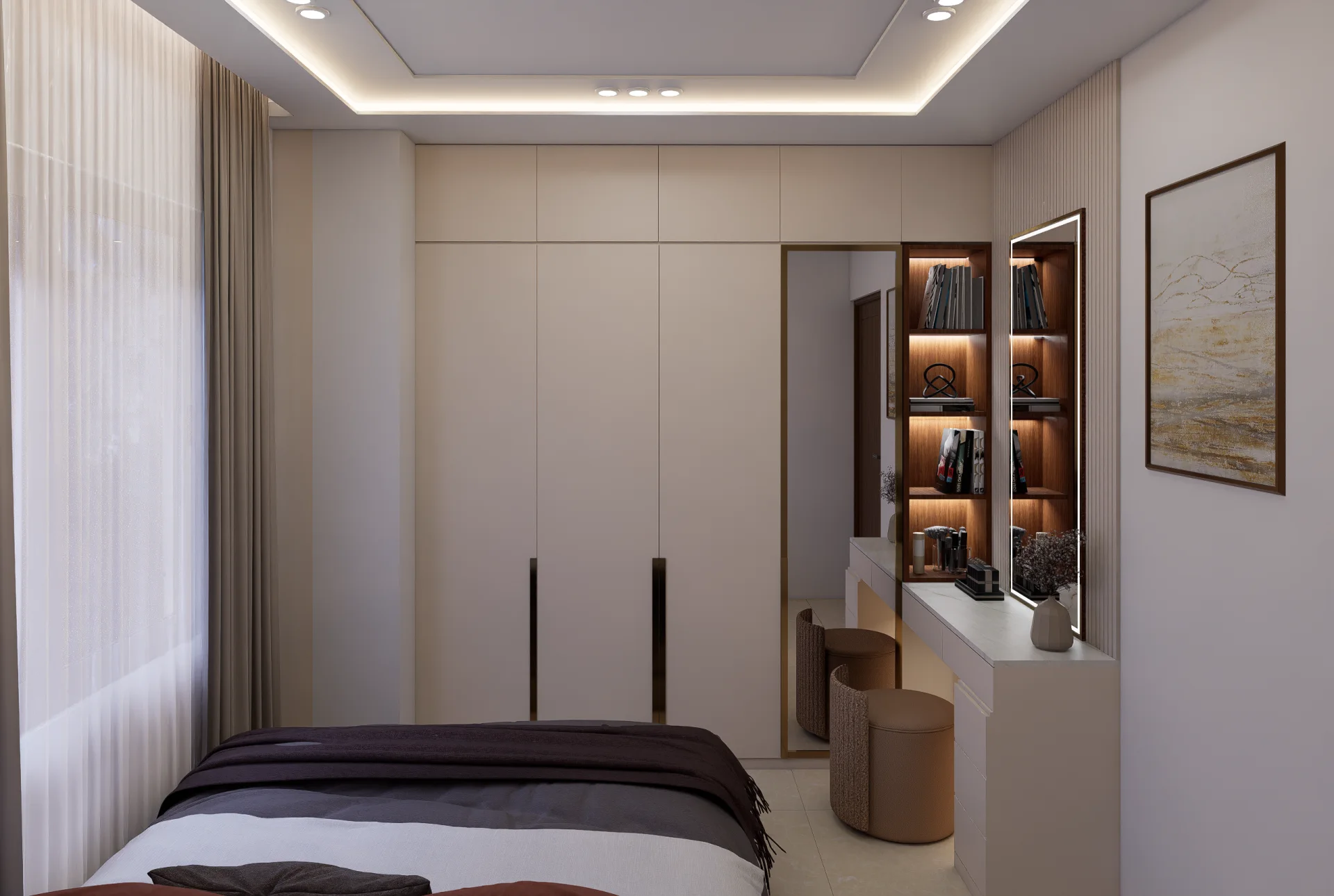 Bedroom 2 full-height wardrobe and dressing vanity station with illuminated open shelves and cylindrical pouf at Modhumita Road, Tongi