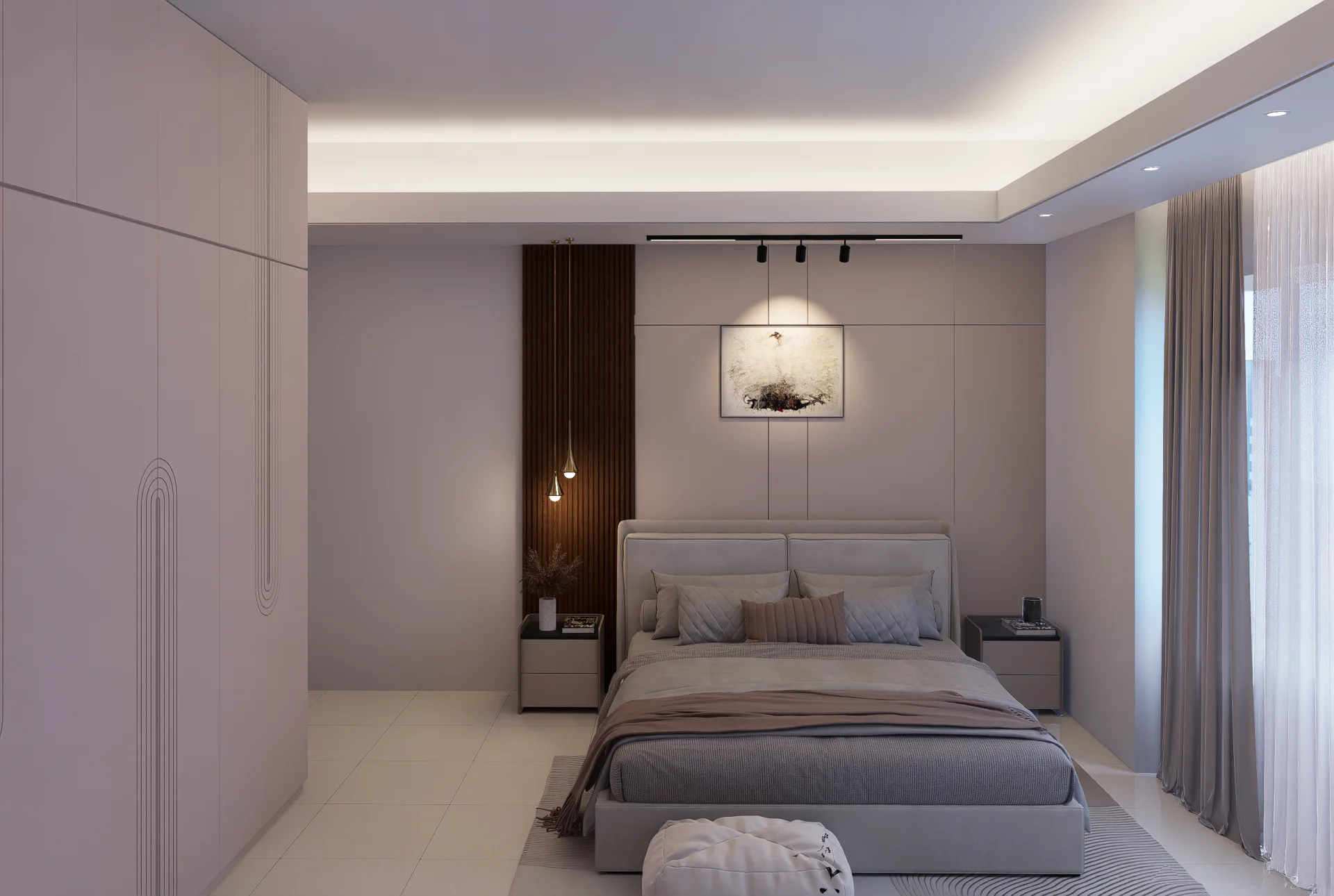 Bedroom 3 featuring grey upholstered bed, dark fluted teak panel with brass teardrop pendant lights at Mirpur DOHS