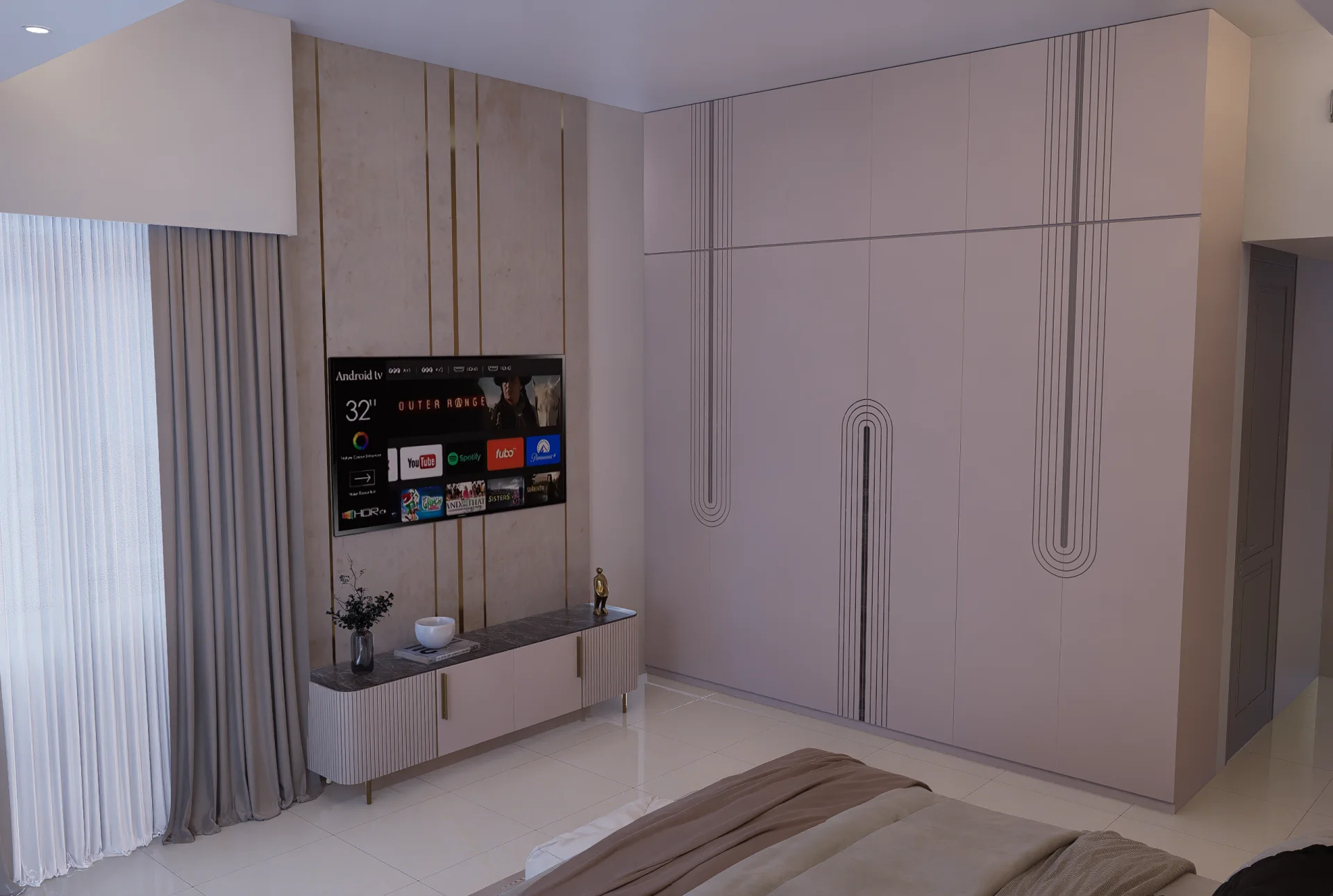 Bedroom 3 custom full-height wardrobe with elegant arched line groove detailing and modern TV console at Mirpur DOHS