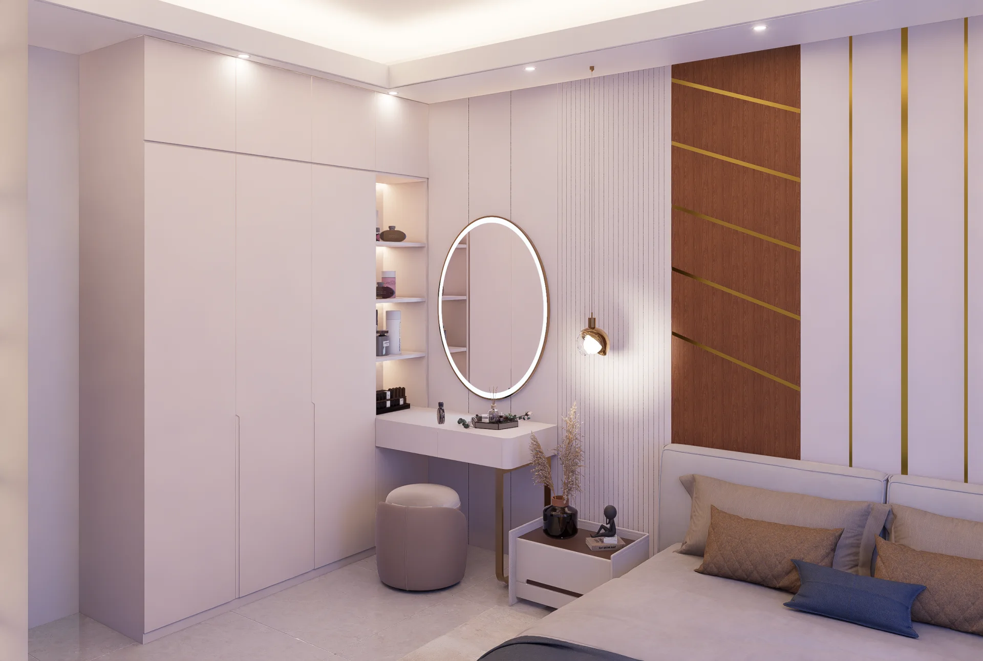 Bedroom 3 minimalist wardrobe with open corner shelves and brass globe bedside pendant lighting