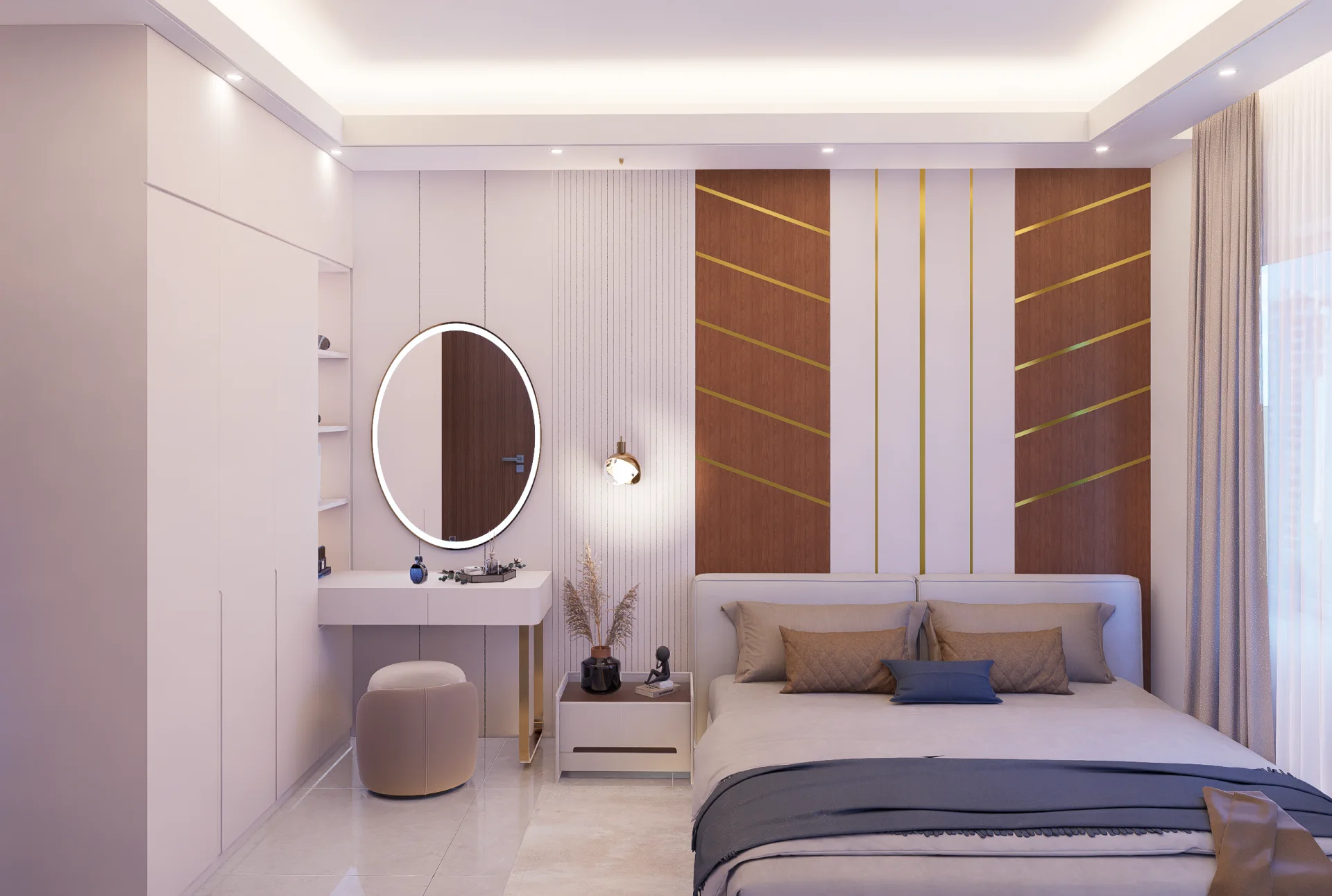 Bedroom 3 with angled gold groove teak accent wall round backlit vanity mirror and floating dressing desk
