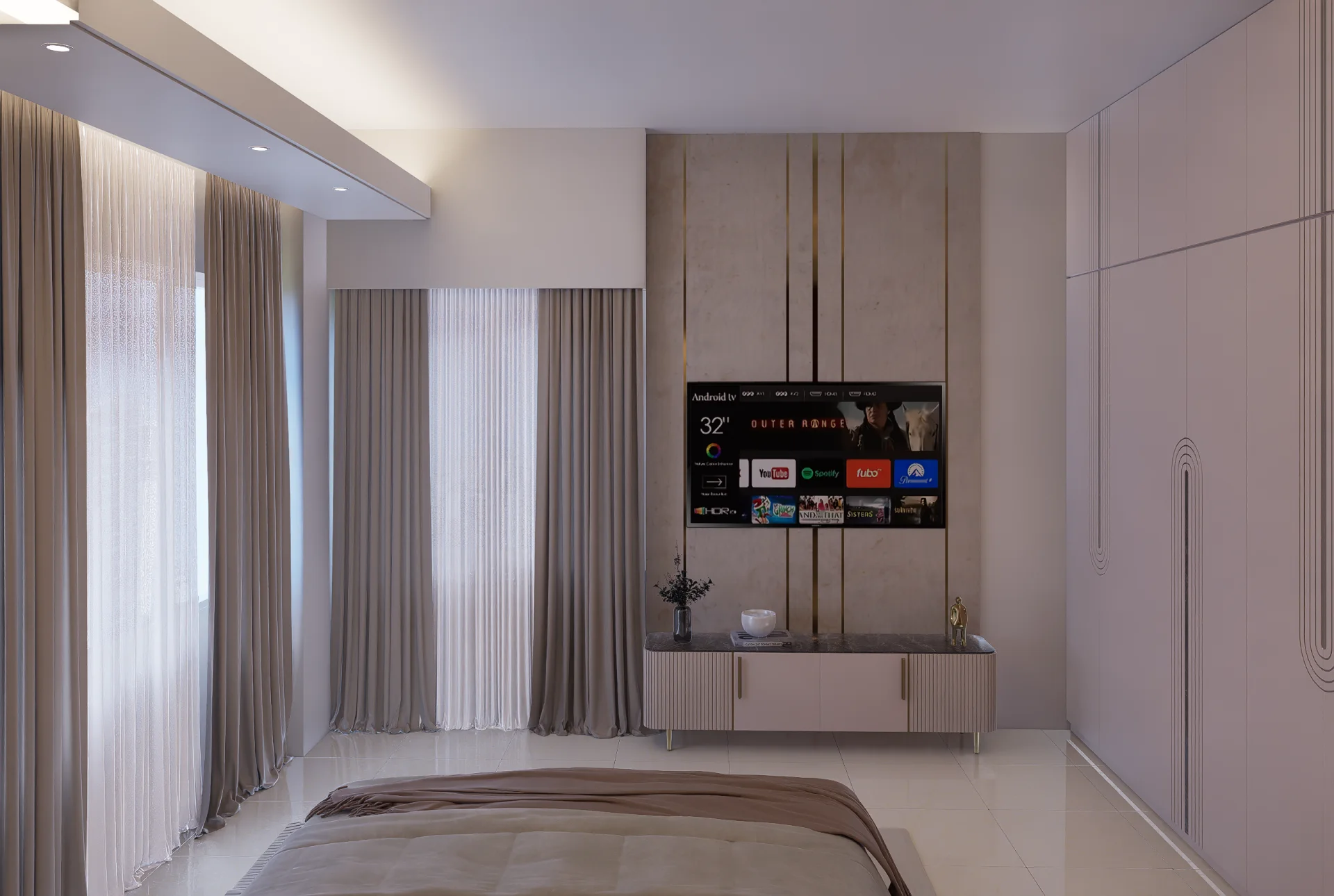 Bedroom 3 TV feature wall with marble panels, brass strip inlays, and floating console cabinet at Mirpur DOHS, Dhaka