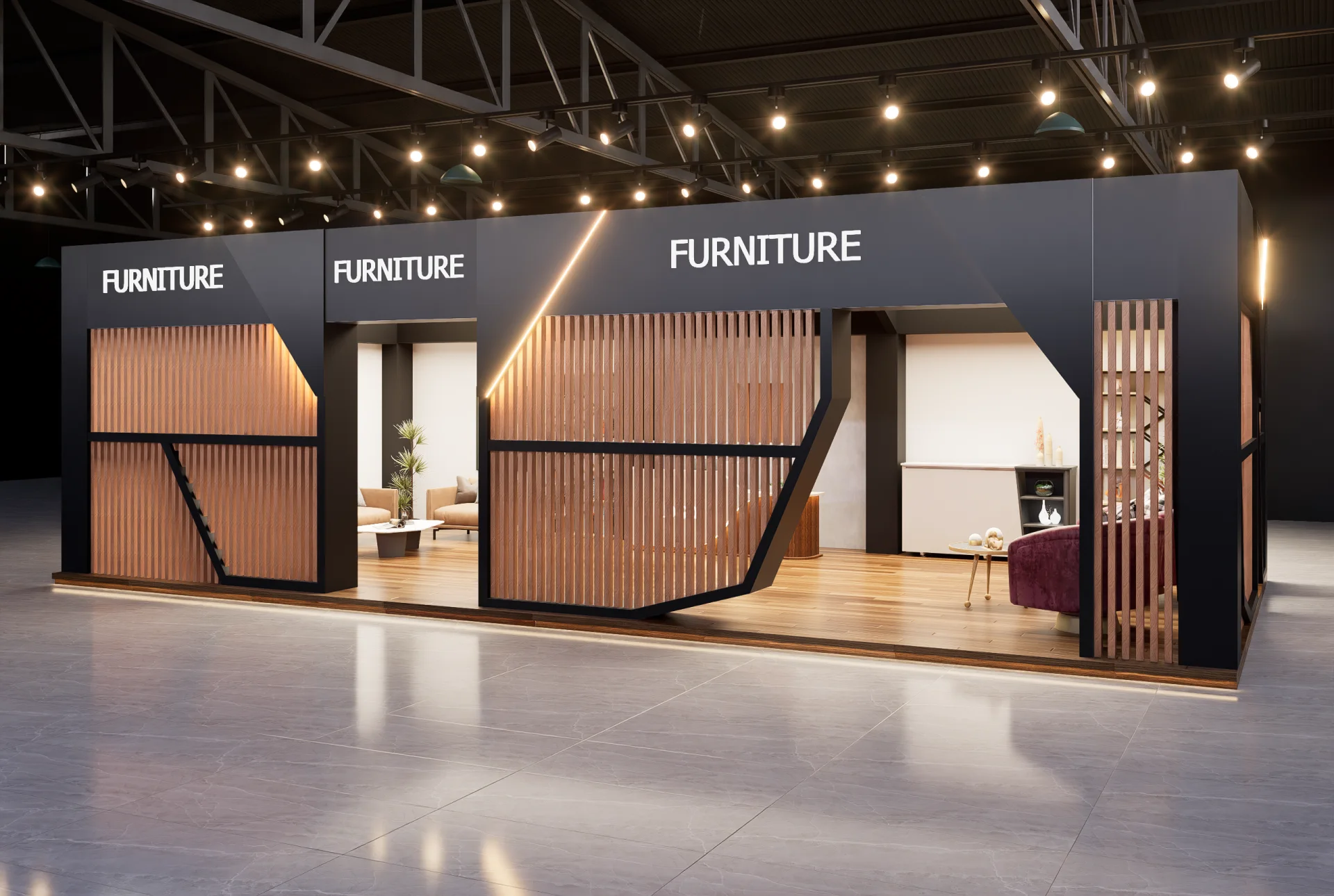 Three-quarter perspective view of commercial exhibition stall featuring angular wooden slat wall, linear LED lighting, and luxury furniture display