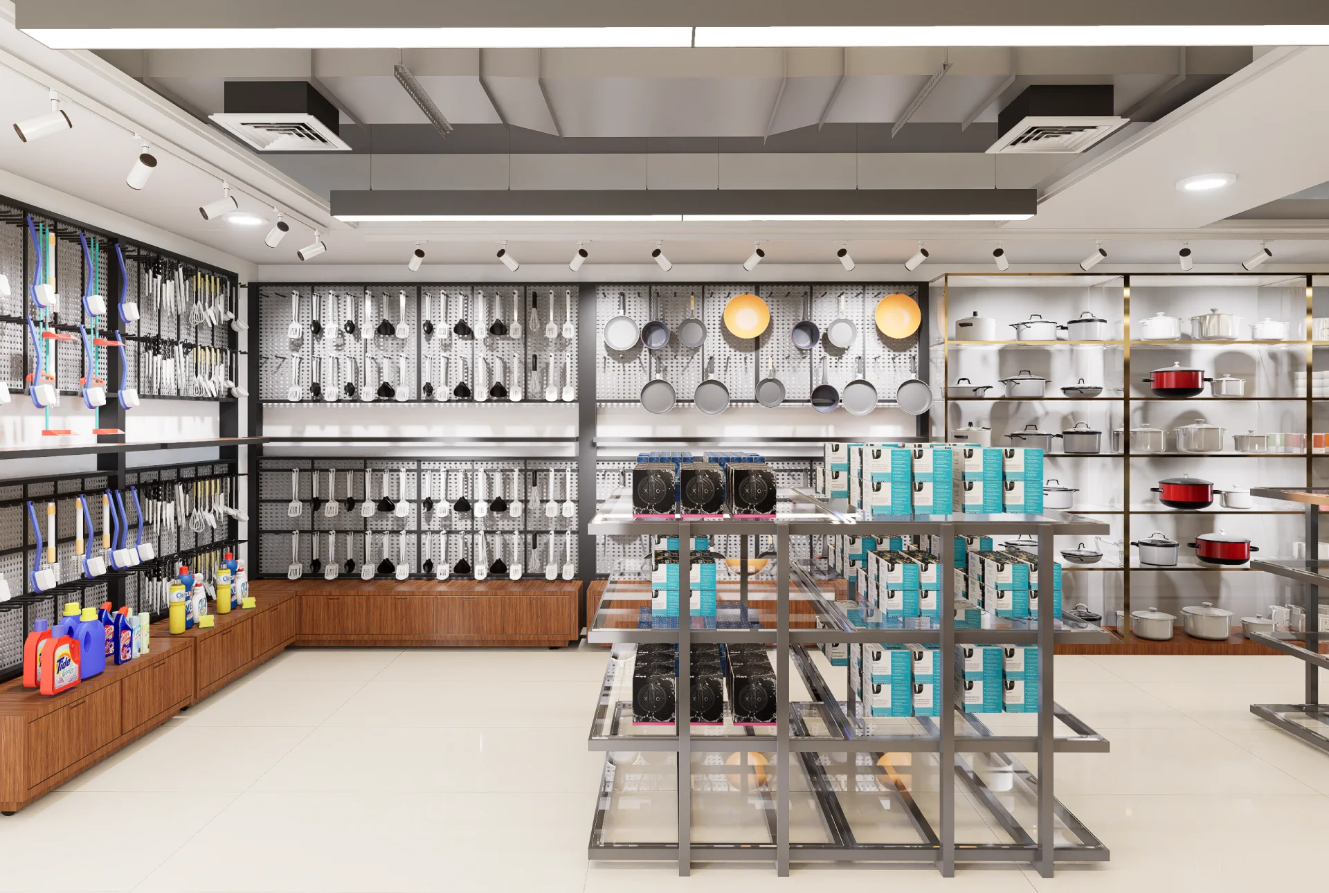 Commercial wall rack system with wooden base storage cabinets and focused ceiling track lights