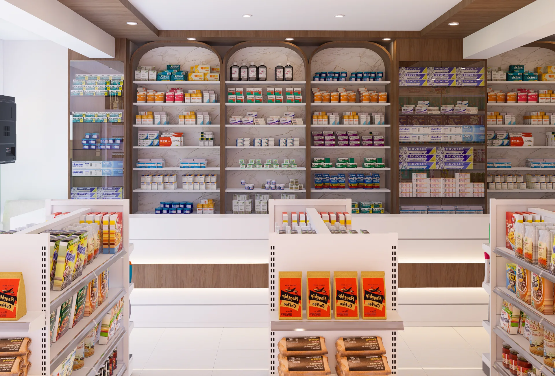 Organized pharmaceutical dispensary storage shelving with medicine inventory and central retail gondola aisles at Oxy Pharma, Dhaka