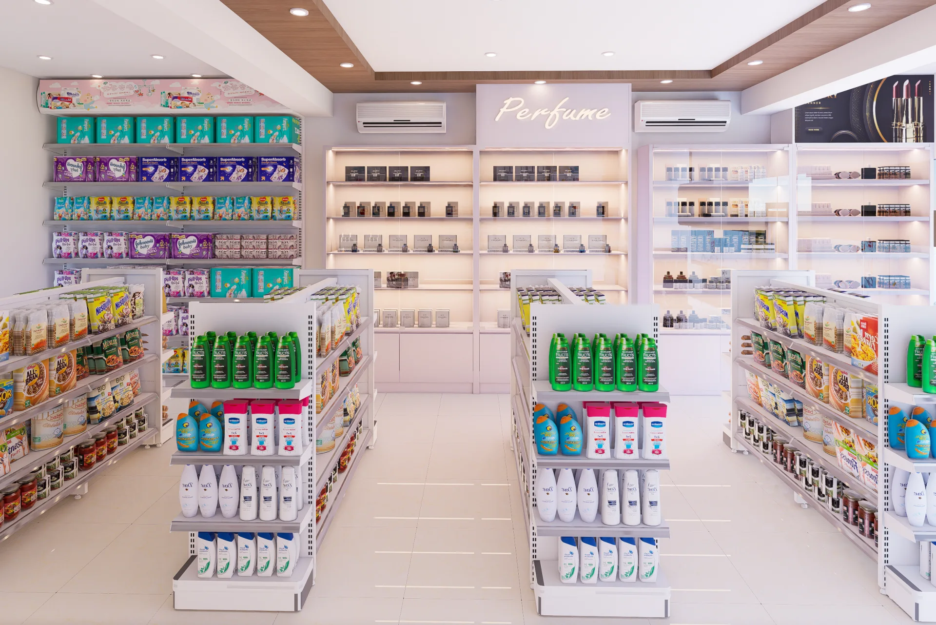 Comprehensive retail pharmacy and departmental store interior featuring false ceiling perimeter lighting and organized product zones