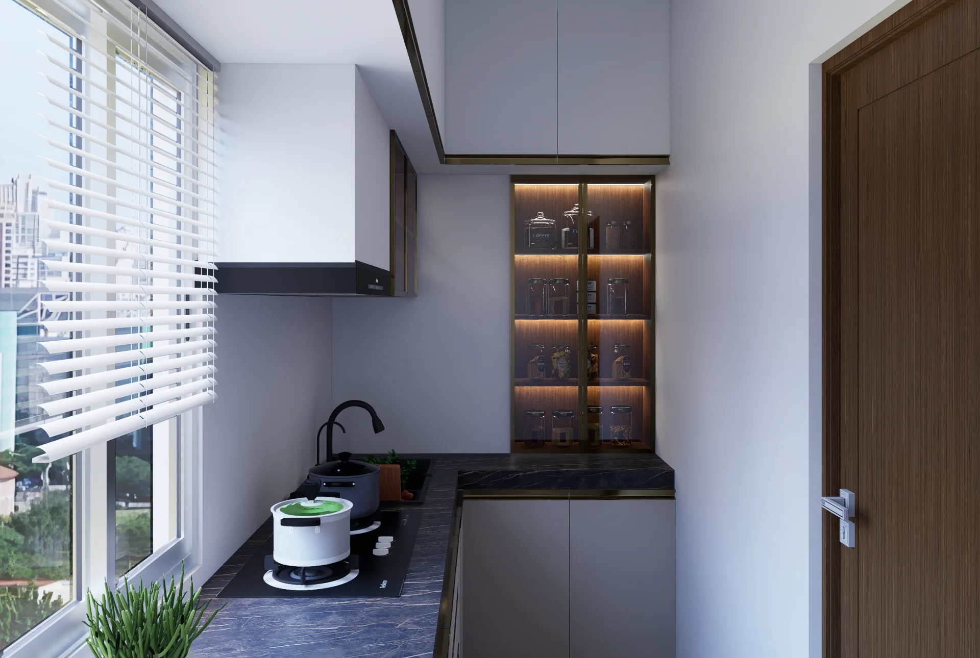 Compact modular kitchen featuring tall illuminated glass pantry storage niche and cooking station next to window blinds at Tongi, Dhaka