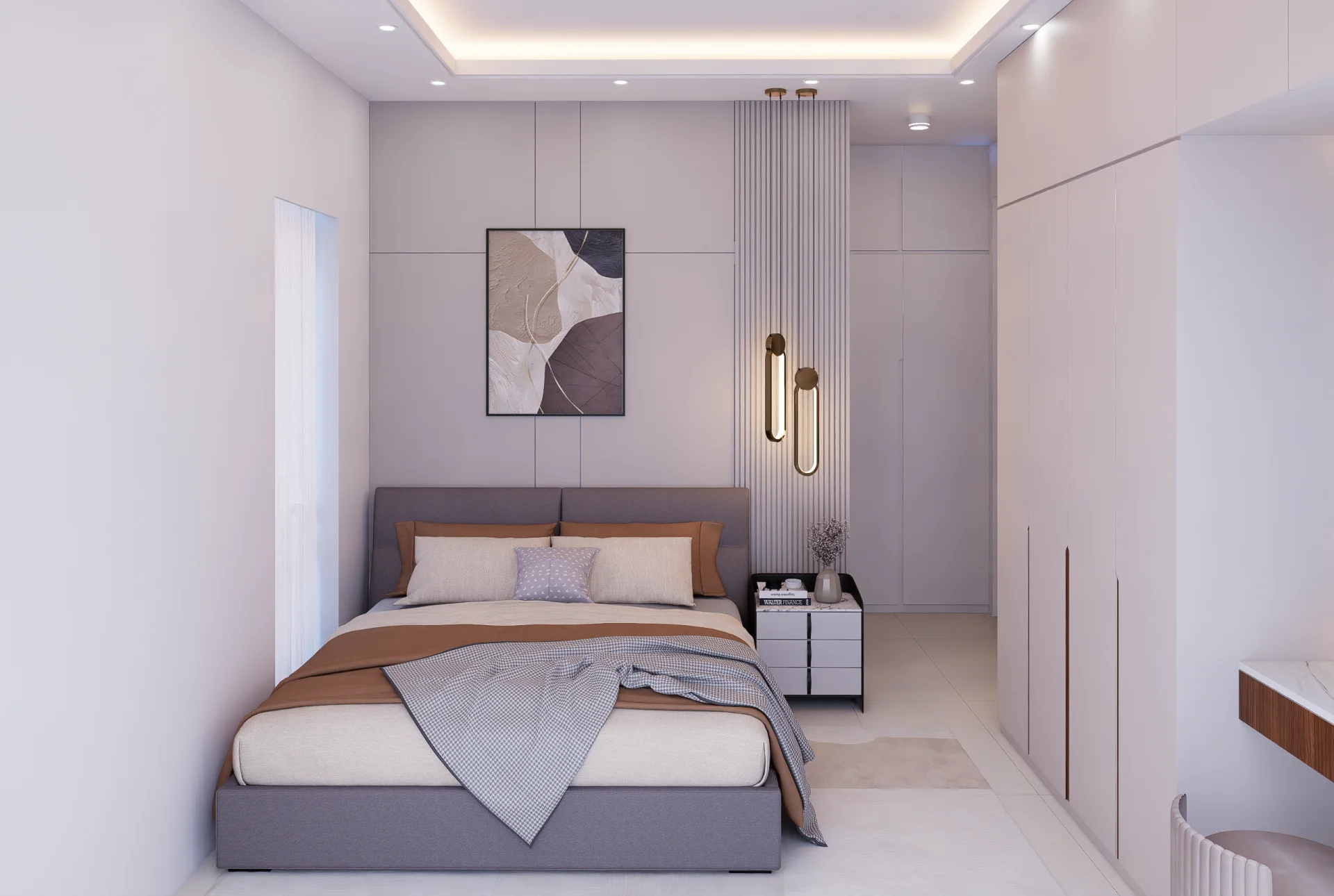 Contemporary guest bedroom with offset suspended brass tubular pendant lights and upholstered platform bed