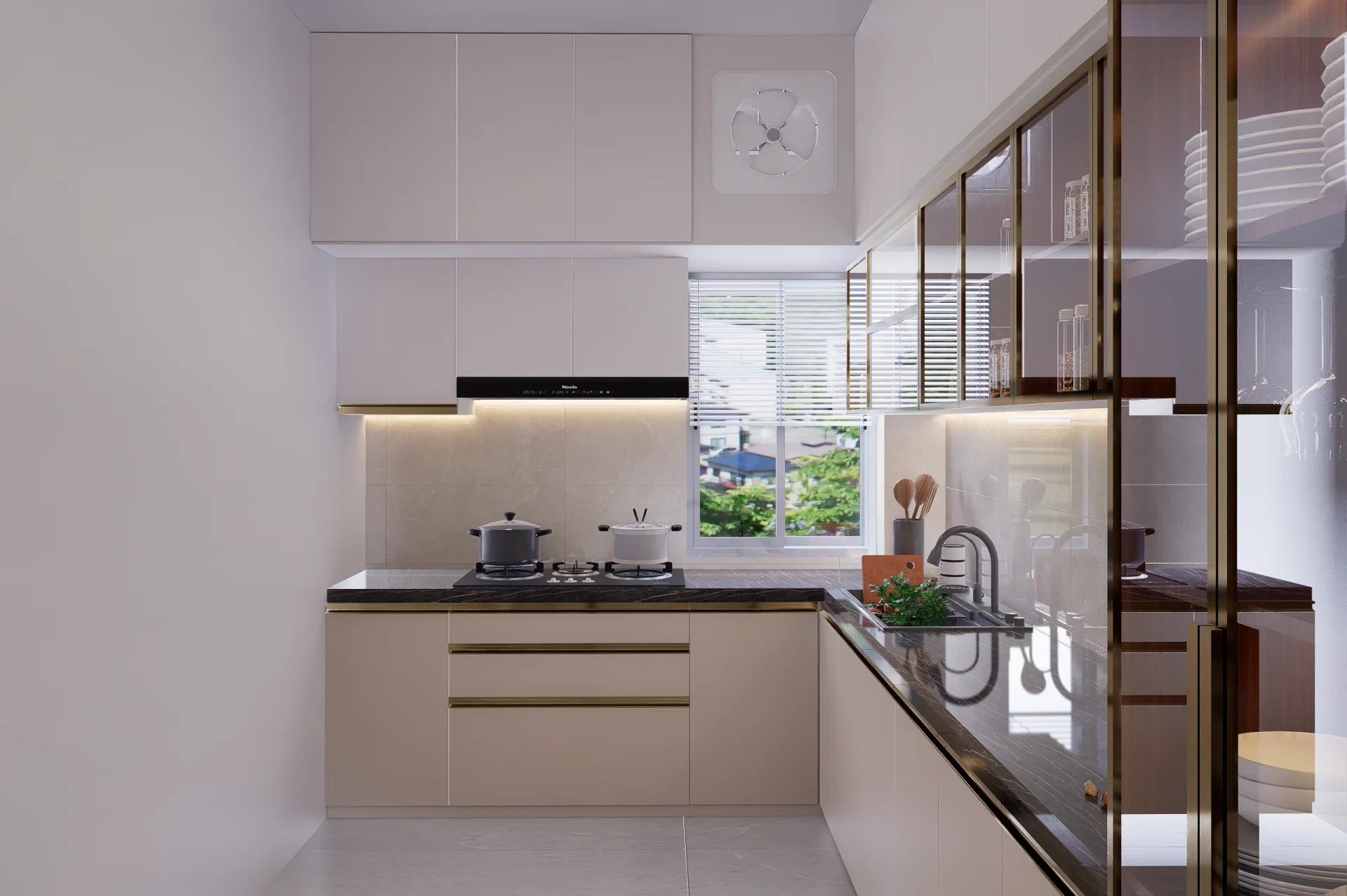Contemporary kitchen prep station with undermount sink window natural light and dark marble worktops