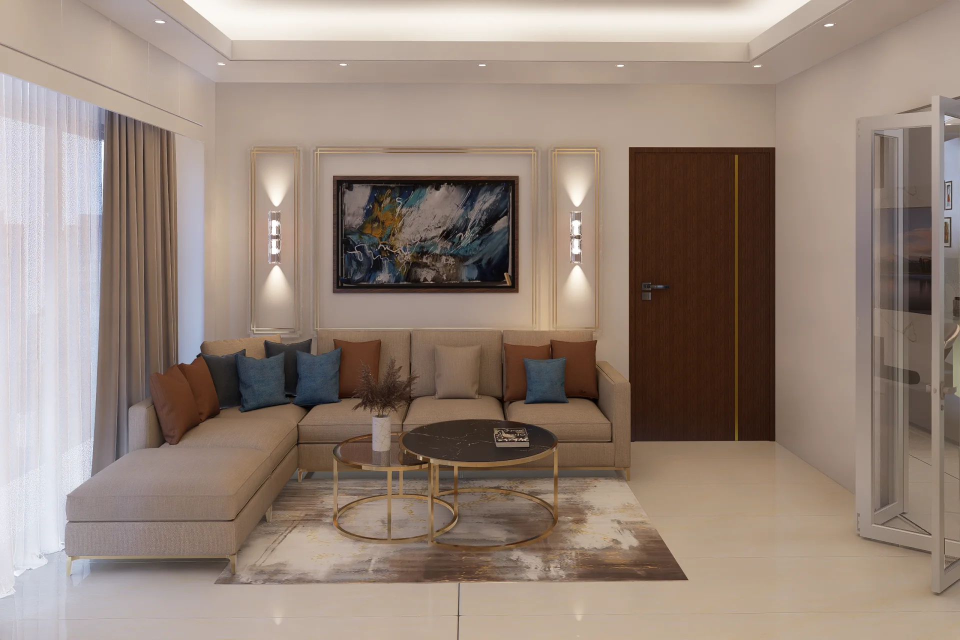 Contemporary living room L-shaped sectional sofa with abstract canvas art and dual nesting coffee tables at Mirpur DOHS, Dhaka