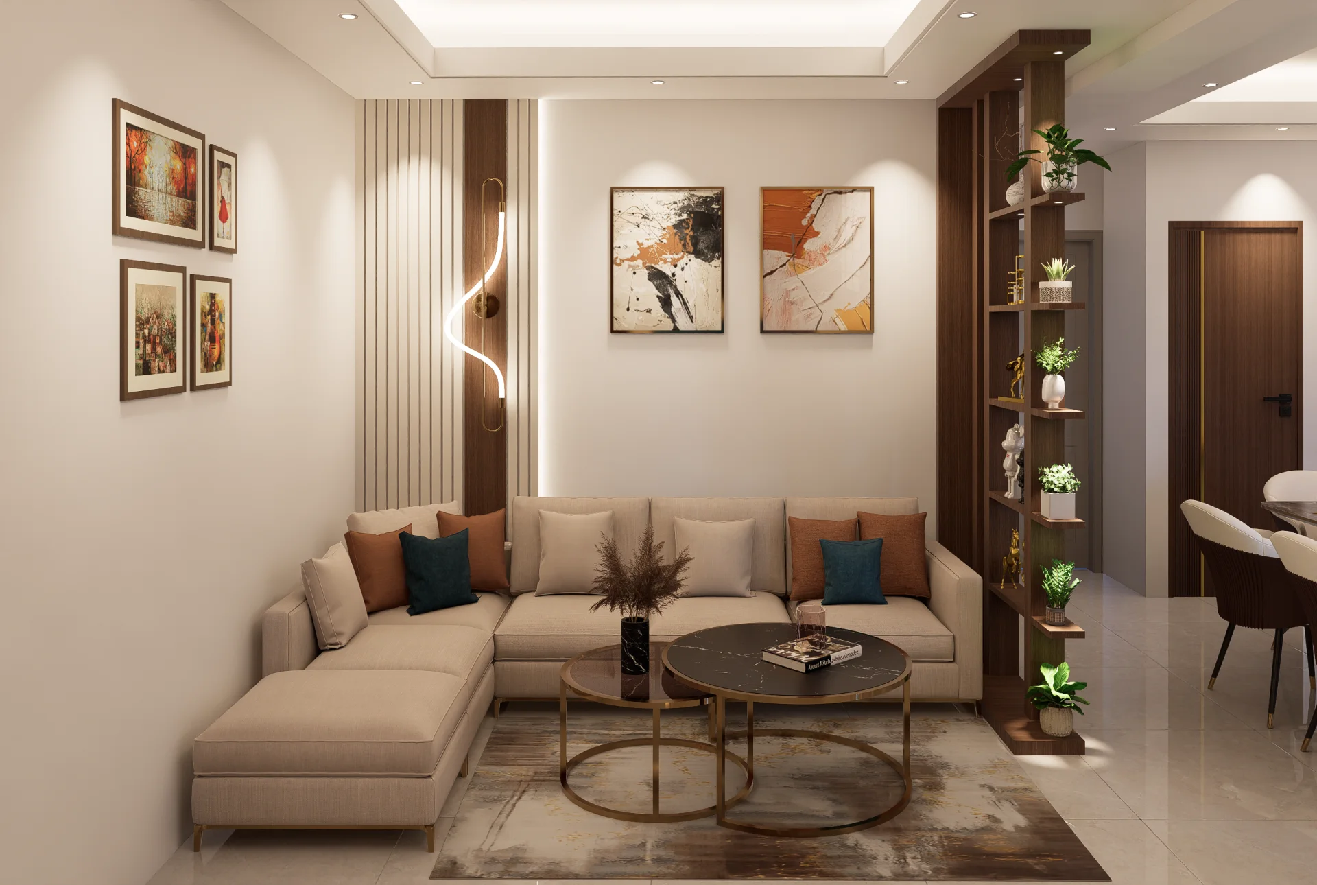 Contemporary living room sofa seating area with curved LED wall sconce fluted panel and wooden plant divider
