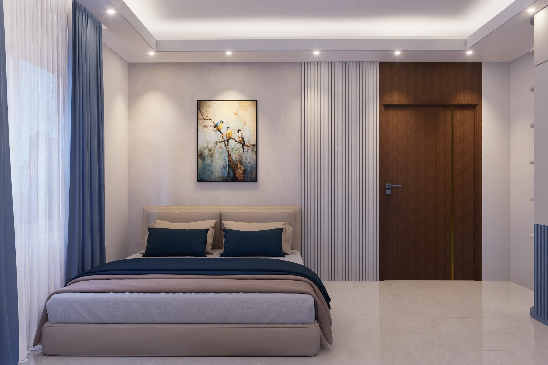 Contemporary Master Bed with White Fluted Accent Wall Paneling and Cove Lighting Kuturia Ashulia