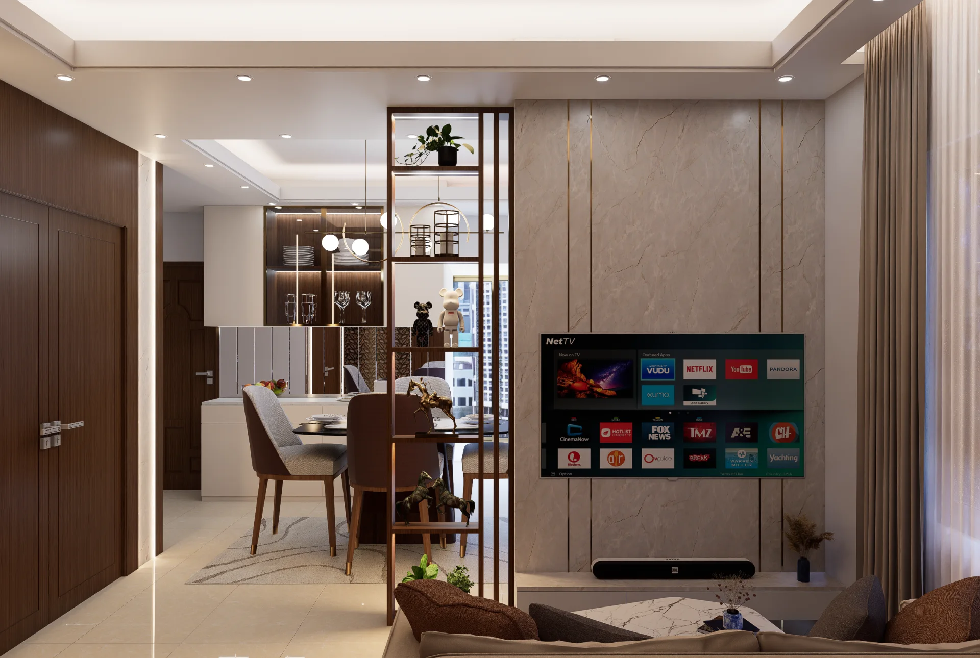 Contemporary living room TV wall with brass inlays, floating marble console, and vertical open partition shelf overlooking dining area at Tongi