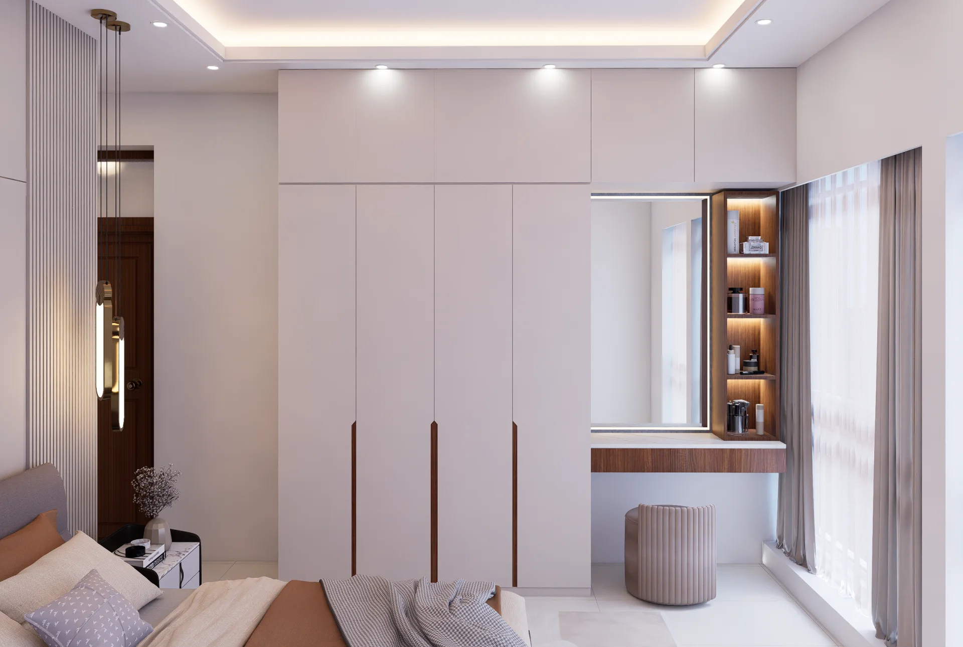 Custom bedroom wardrobe with vertical illuminated cosmetic display shelving and floating vanity desk with pouf