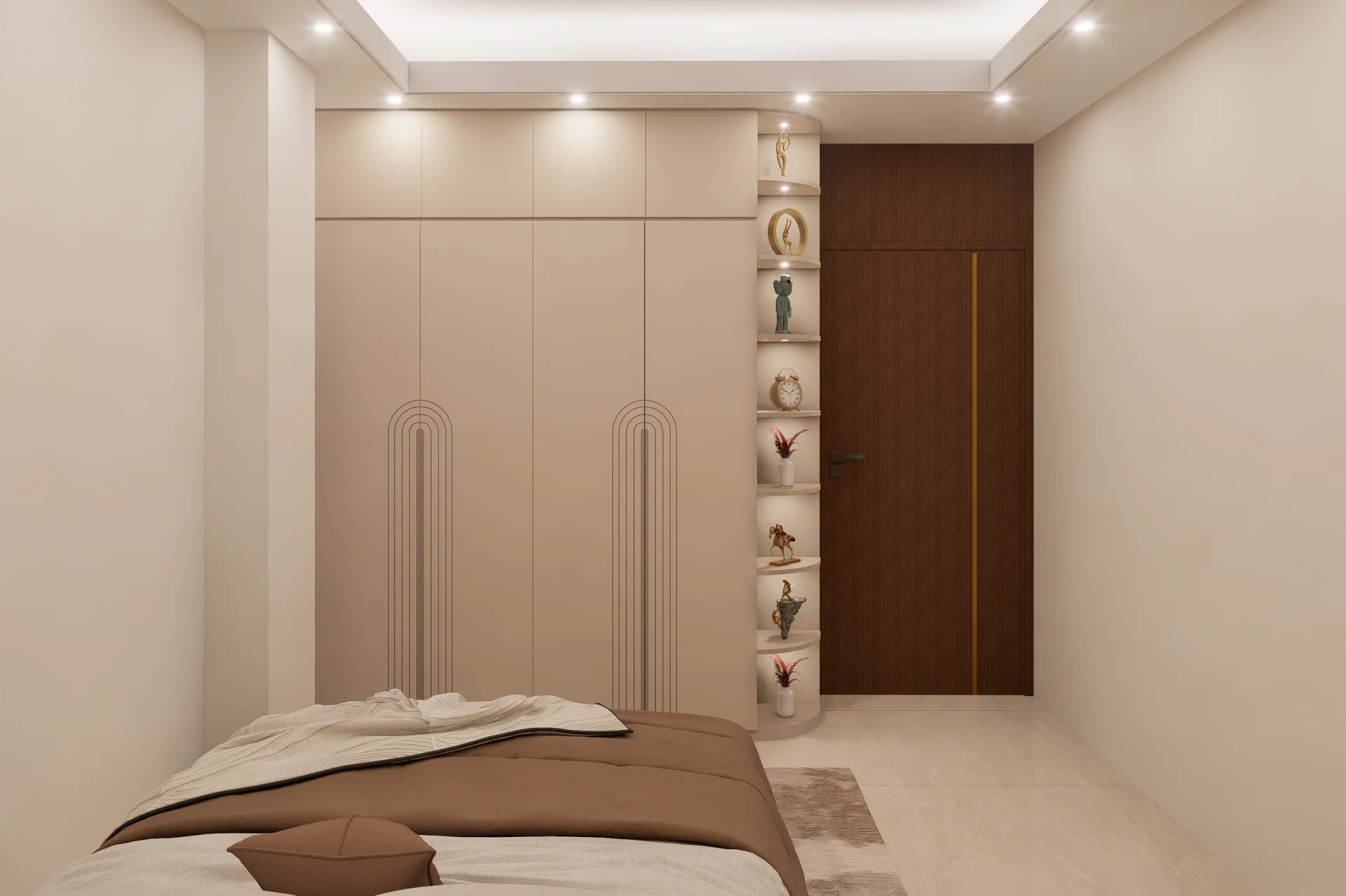 Custom Built-in Beige Bedroom Wardrobe with Arched Grooving and Curved Corner Display Shelf Ashulia