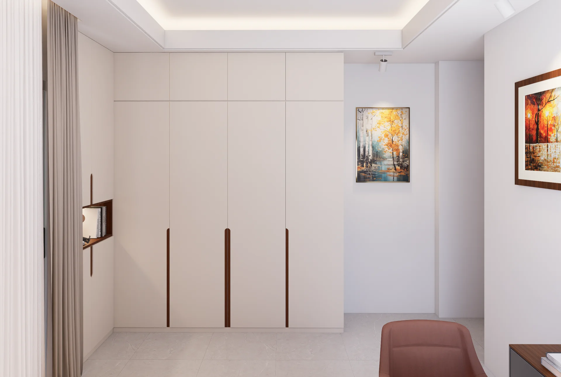 Full-height custom wardrobe wall with organic wooden handles and ambient ceiling spotlights in Baridhara DOHS