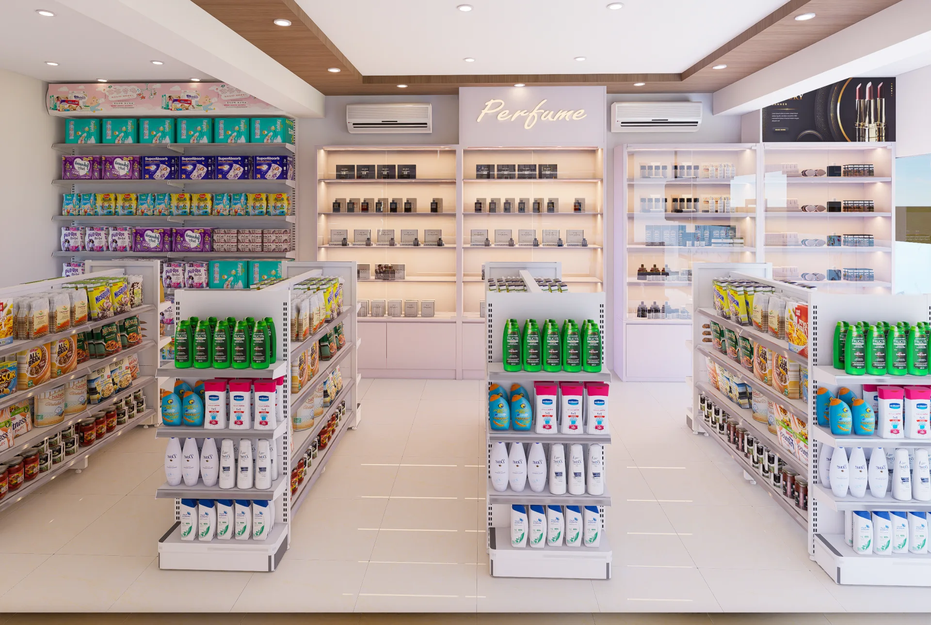 Central retail gondola shelving aisles displaying healthcare, toiletries, and baby care products at Oxy Pharma & Departmental Store