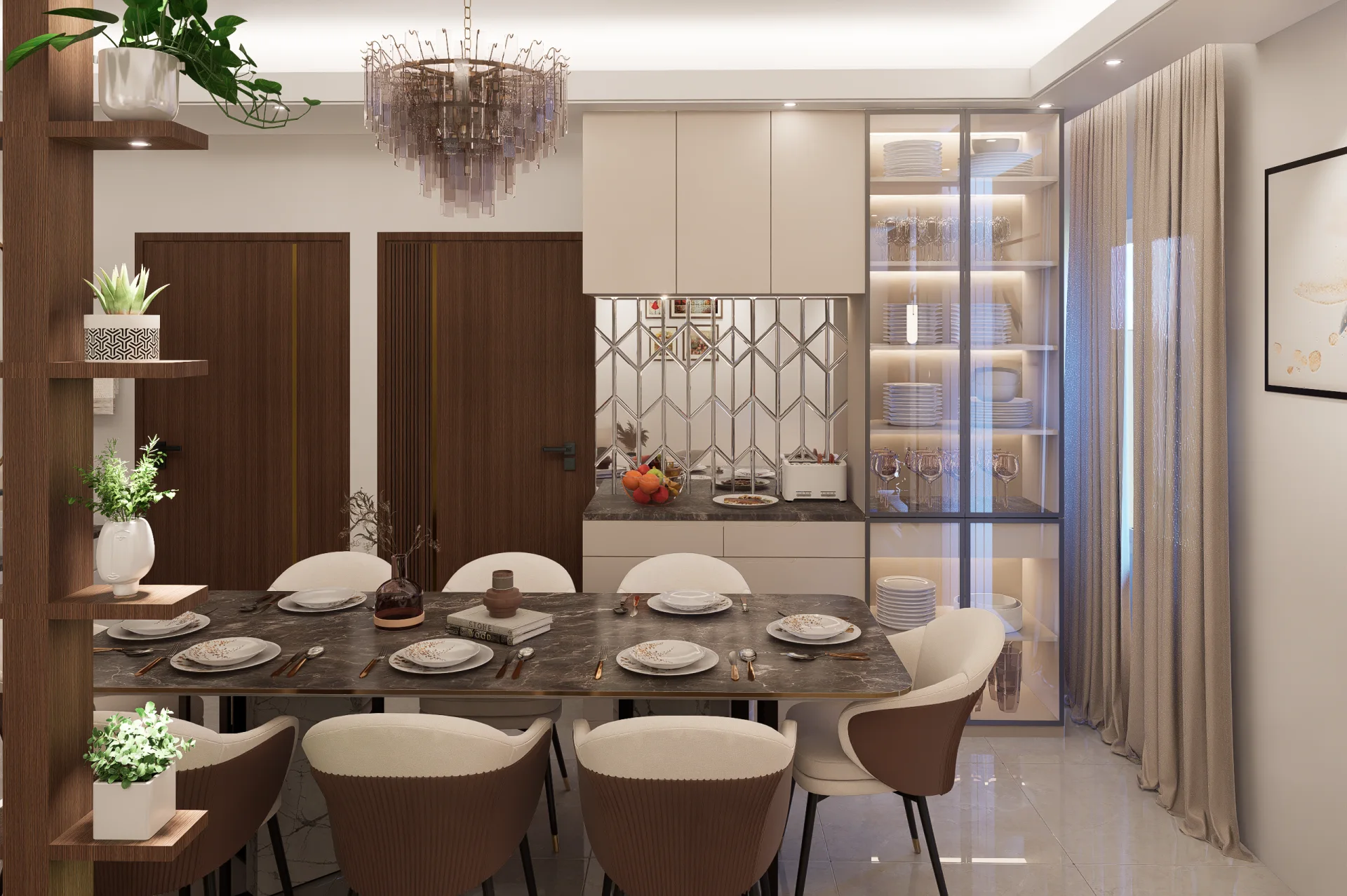 Custom dining buffet console with diamond beveled mirror and floor-to-ceiling illuminated glass crockery cabinet