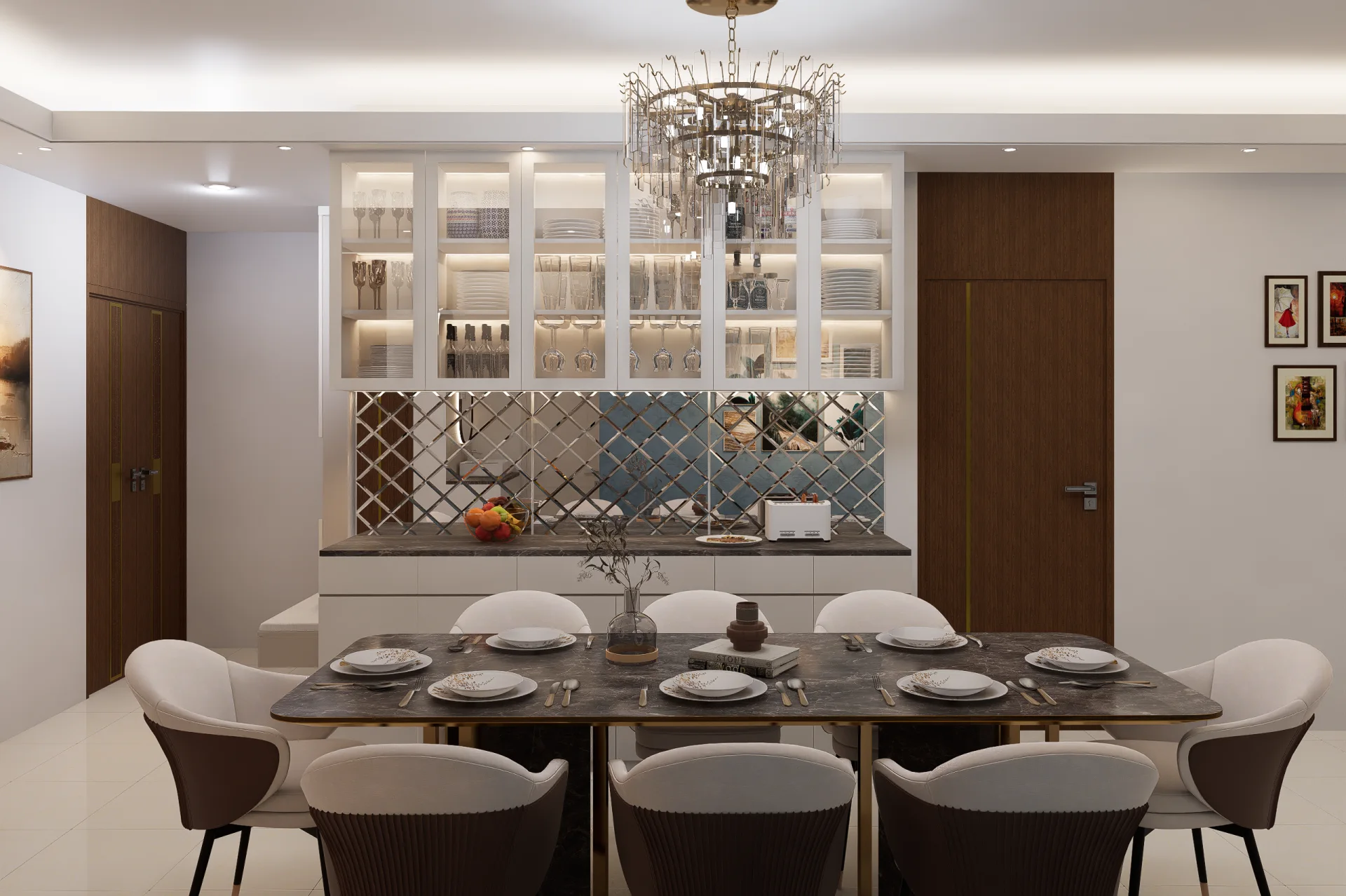 Dining buffet counter with beveled mirror backsplash and glass-front illuminated crockery unit at Mirpur DOHS, Dhaka
