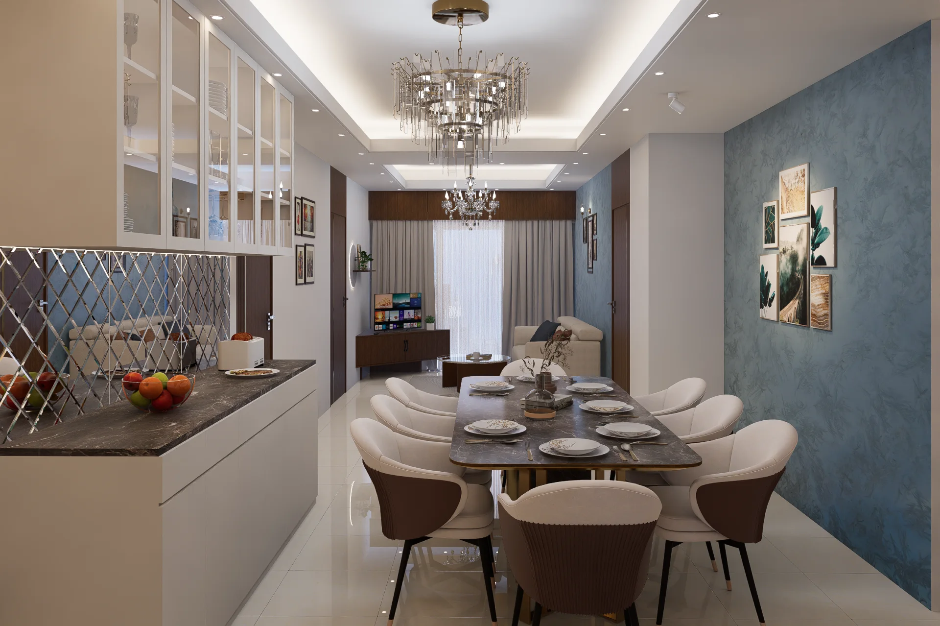 Open-plan dining room layout flowing seamlessly towards the living room and balcony at Mirpur DOHS, Dhaka
