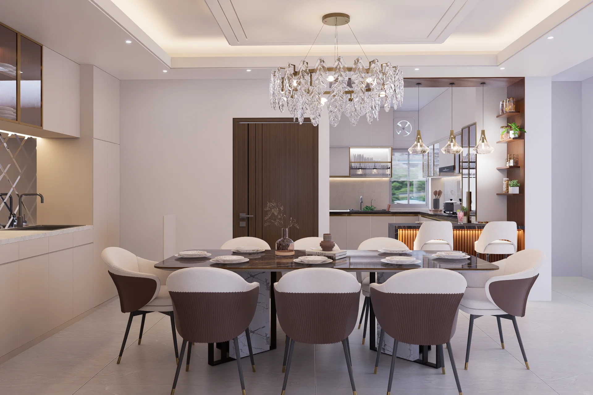 Open-plan dining room looking into the fluted teak breakfast counter and illuminated modular kitchen