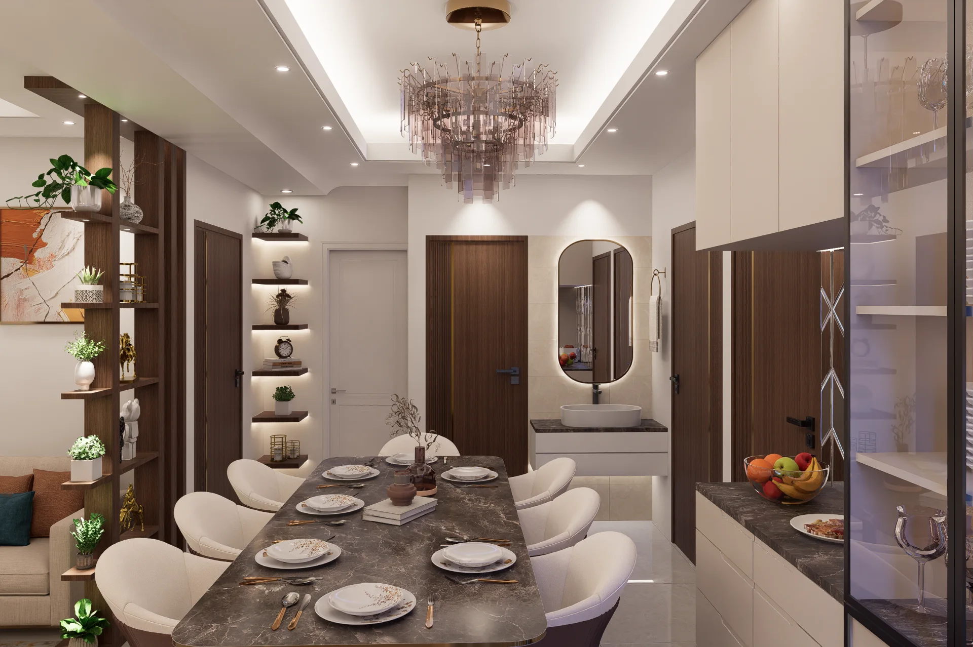 Dining space with dark marble table crystal prism drop chandelier and backlit oval mirror washbasin vanity