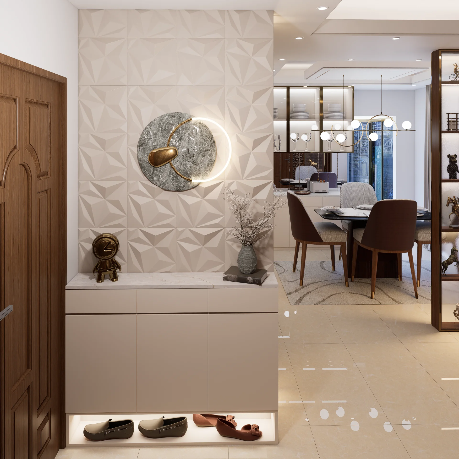 Entrance foyer shoe console with warm under-glow, 3D faceted geometric wall tiles, and circular celestial backlit sconce at Tongi, Dhaka