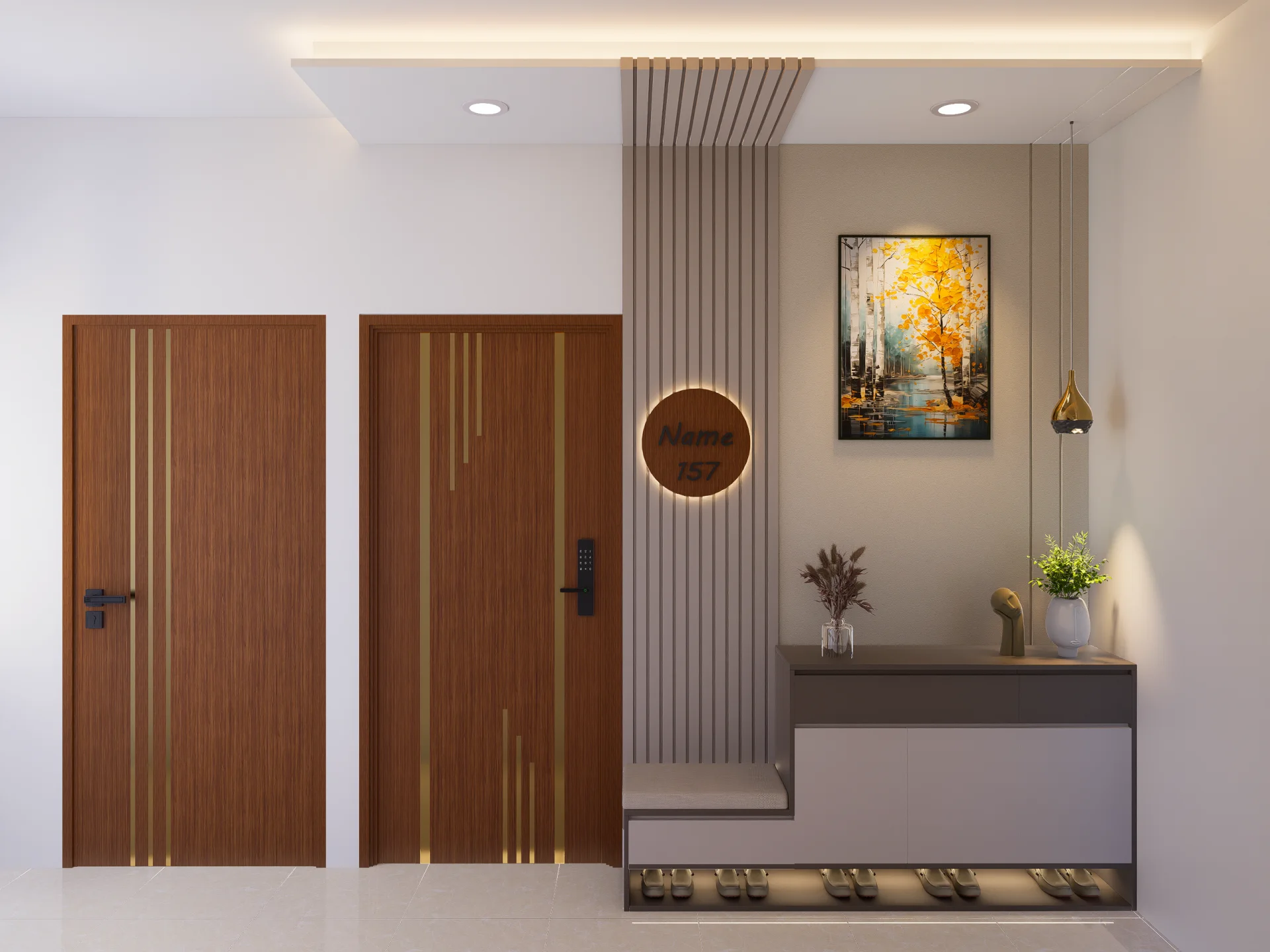Modern entrance foyer with cushioned shoe console bench circular backlit teak nameplate and brass pendant lighting