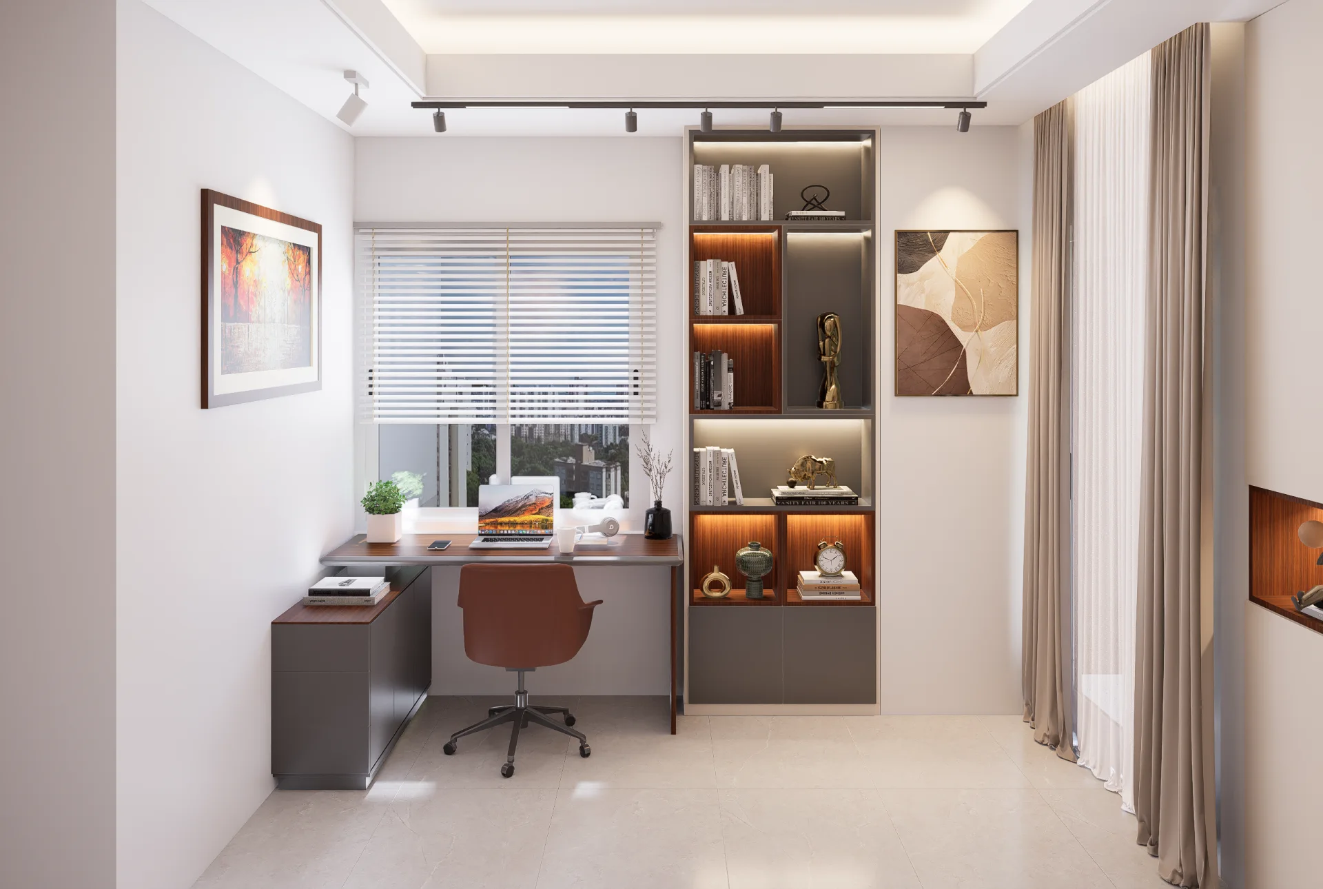 Executive home office interior with custom study desk and floor-to-ceiling illuminated bookshelf in Baridhara DOHS