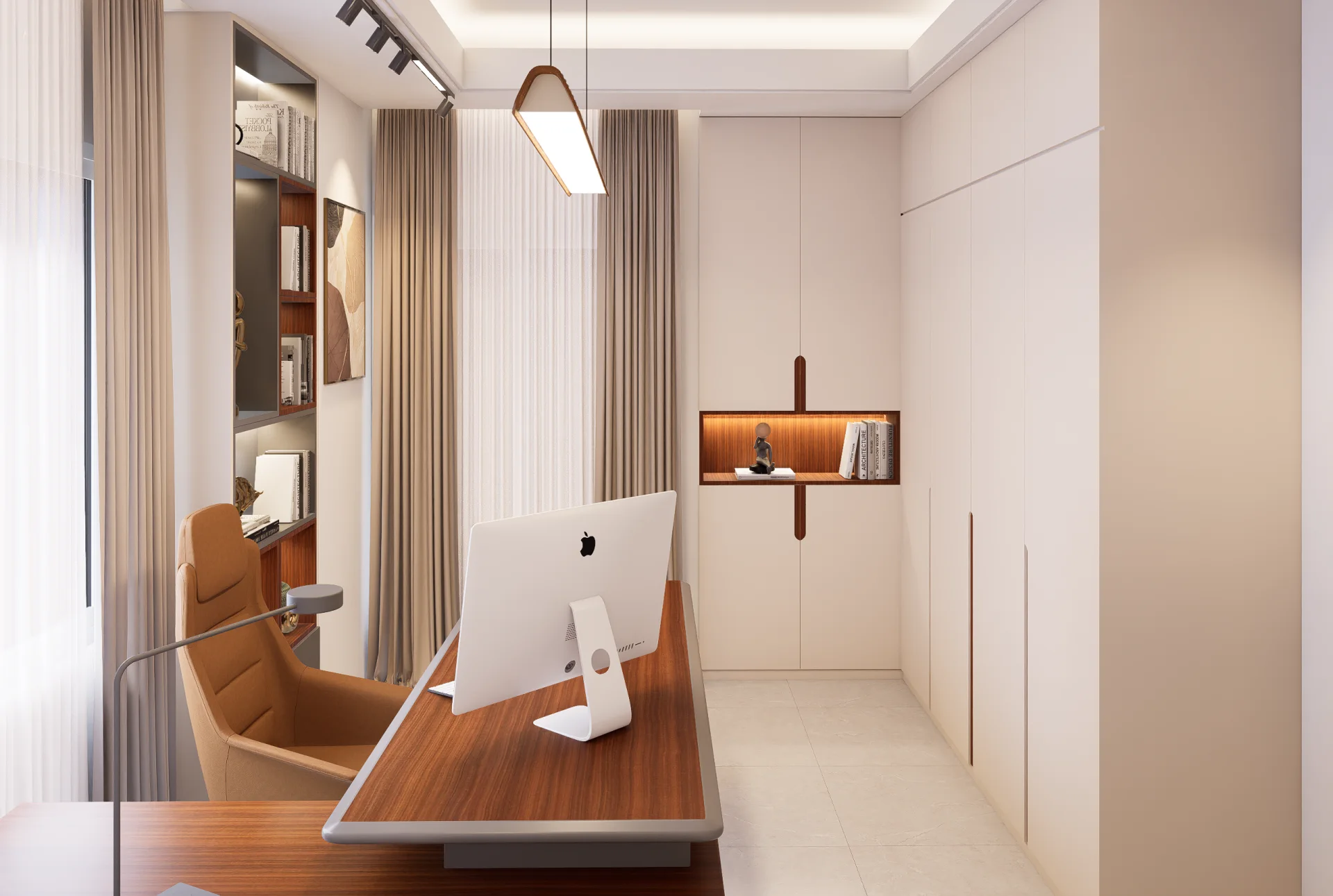 Executive workstation with tan leather ergonomic chair dual-tone cabinetry and warm cove ceiling lights