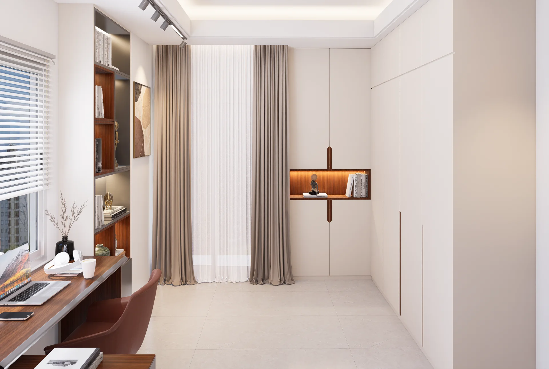 Executive study room wide perspective with custom floor-to-ceiling cabinets and acoustic window drapes