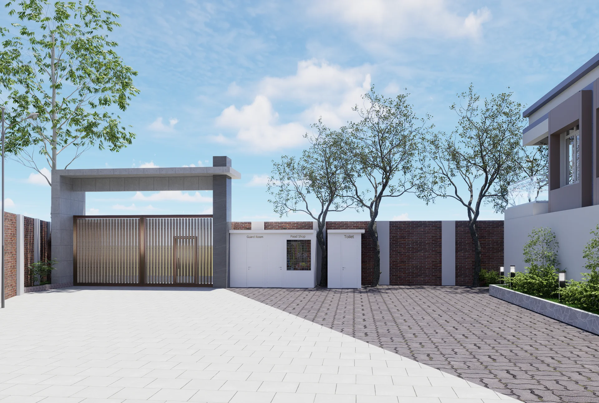 Internal factory driveway looking towards security checkpoint guardhouse worker facilities and landscaped tree canopy