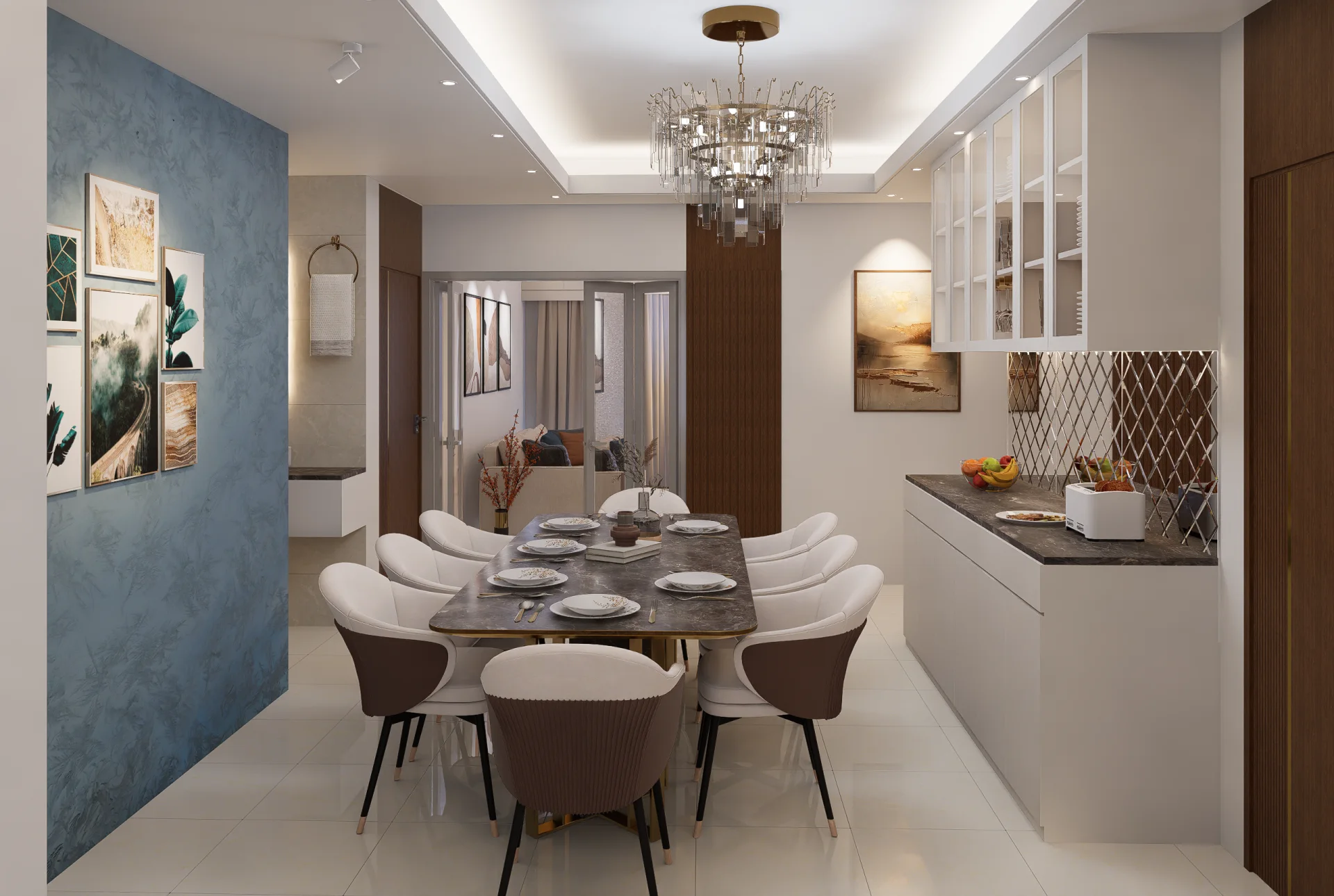 Formal dining space with marble dining table, buffet sideboard with diamond beveled mirror, and crystal chandelier at Mirpur DOHS