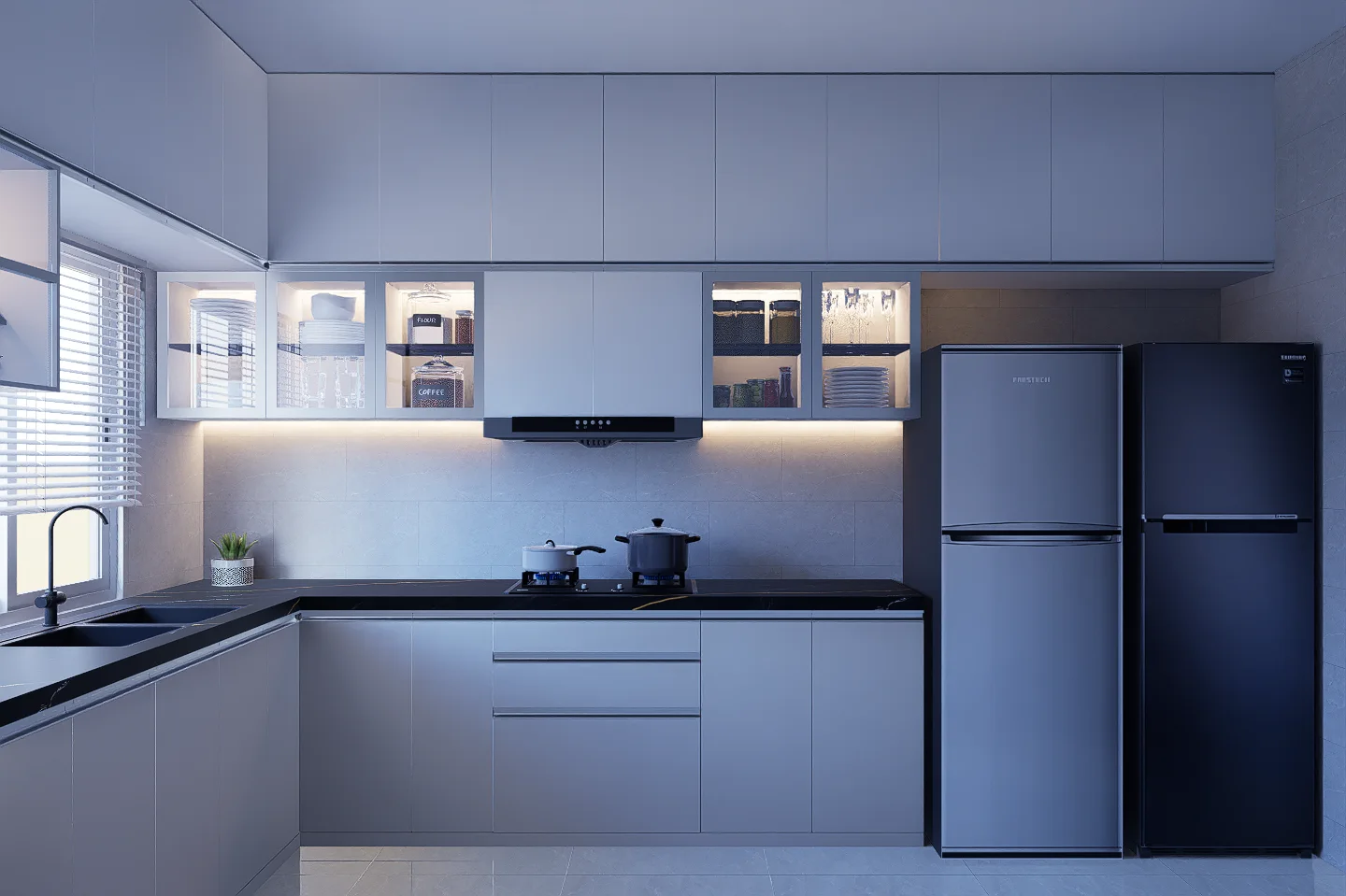 Full View Modular Kitchen Design with Overhead Illuminated Glass Cabinets and Appliances Kuturia Ashulia Savar