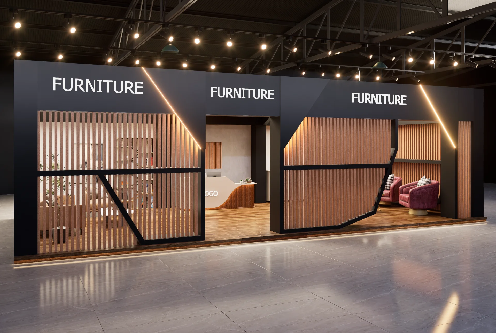 Interior view of furniture trade fair pavilion featuring curved reception desk, designer lounge seating, and raised hardwood floor at ICCB Dhaka