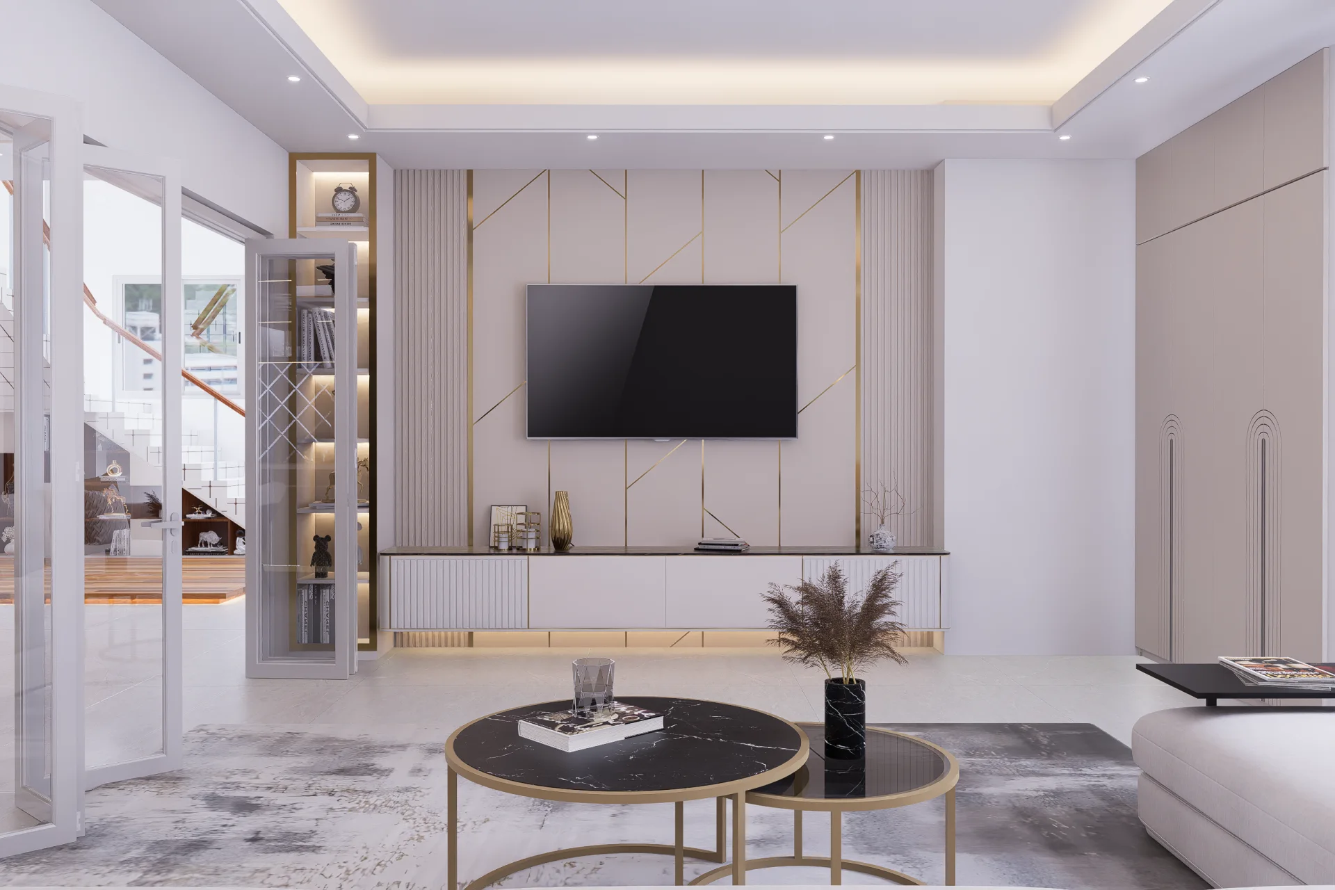 Grand living room TV entertainment wall with geometric gold inlay grooves fluted pillars and illuminated glass display unit
