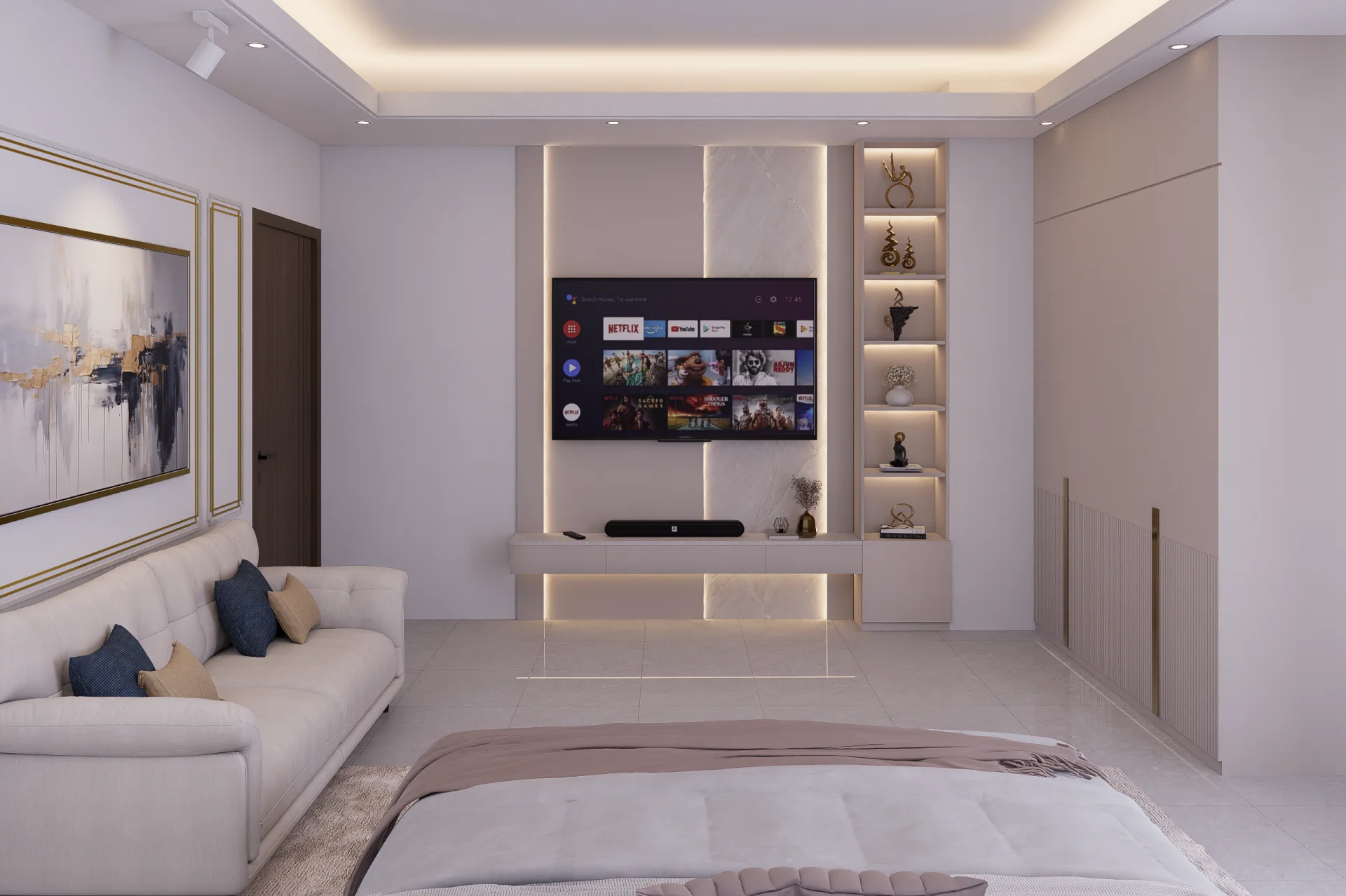 Master bedroom entertainment wall with backlit Calacatta marble panel floating media console and 5-tier open art shelving