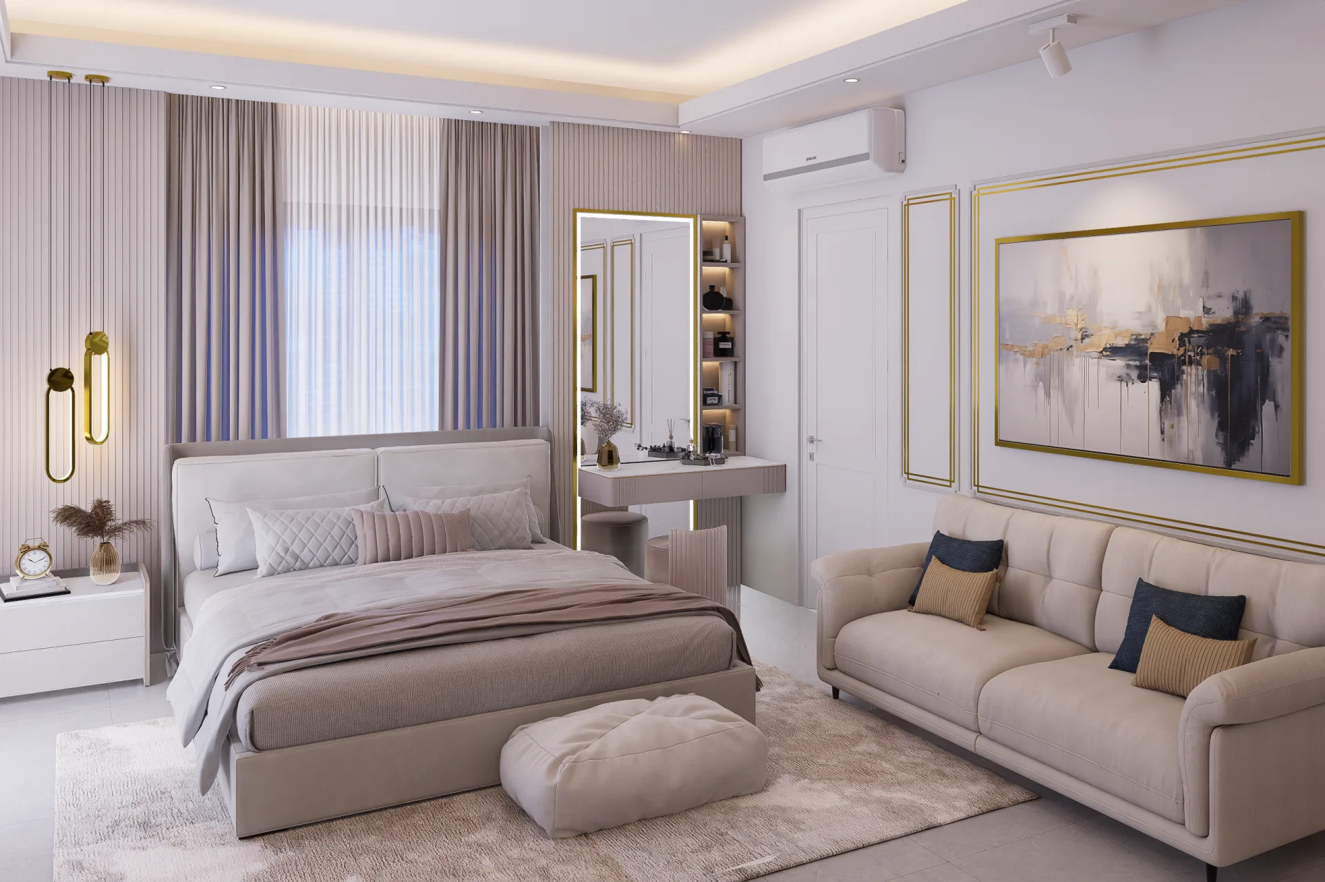 Master bedroom vanity station with illuminated vertical cosmetics display shelf and neoclassical gold molding art wall