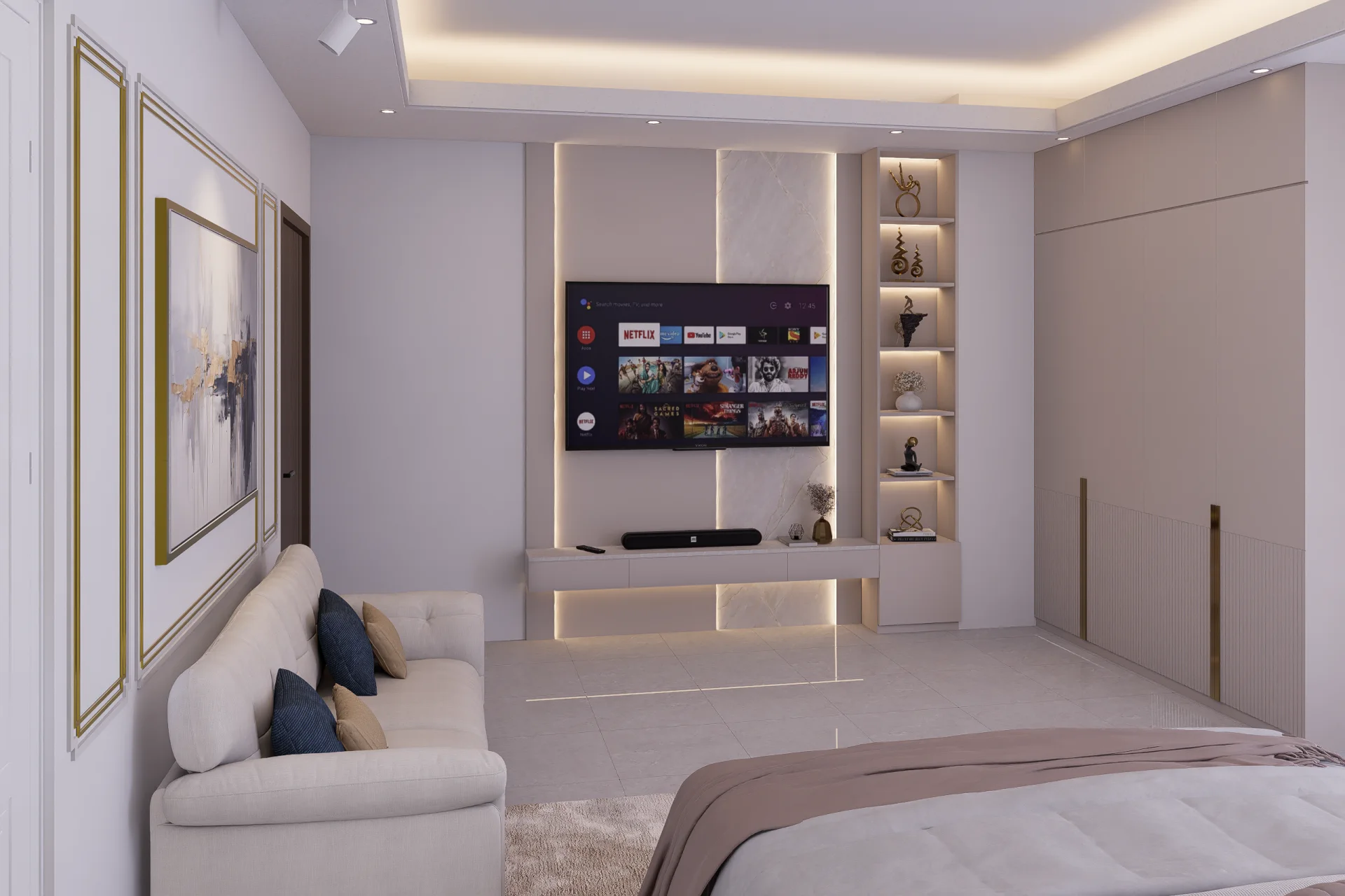 Spacious master bedroom perspective showing upholstered bed lounge sofa and full-height minimalist wardrobe