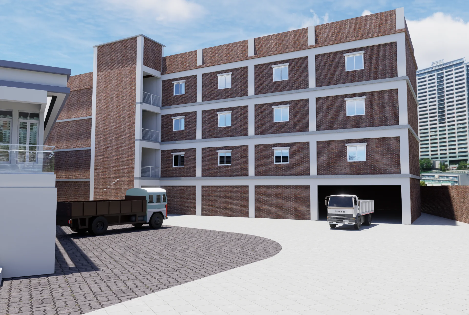 Multi-story industrial factory building exterior with exposed brick masonry structural concrete framework and heavy vehicle loading bay