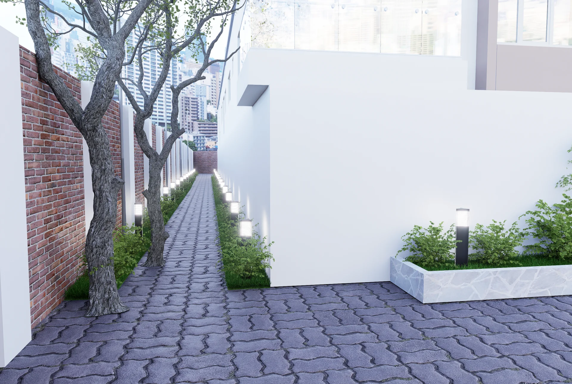 Industrial compound perimeter pedestrian walkway with interlocking paver blocks illuminated bollard lights and greenery