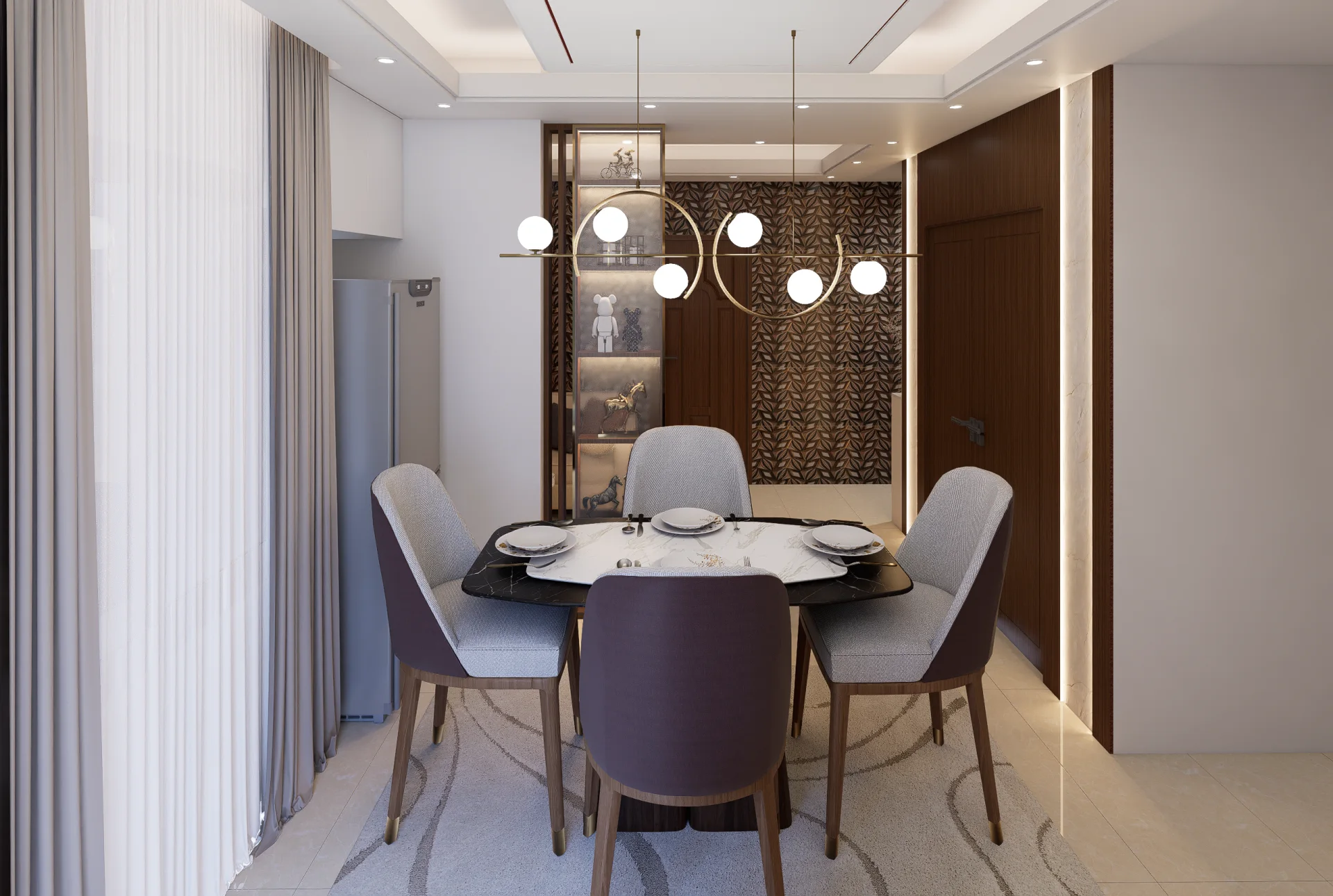 Intimate 4-seater dining space with marble top table, two-tone upholstered chairs, and orbital ring globe brass chandelier at Tongi, Dhaka