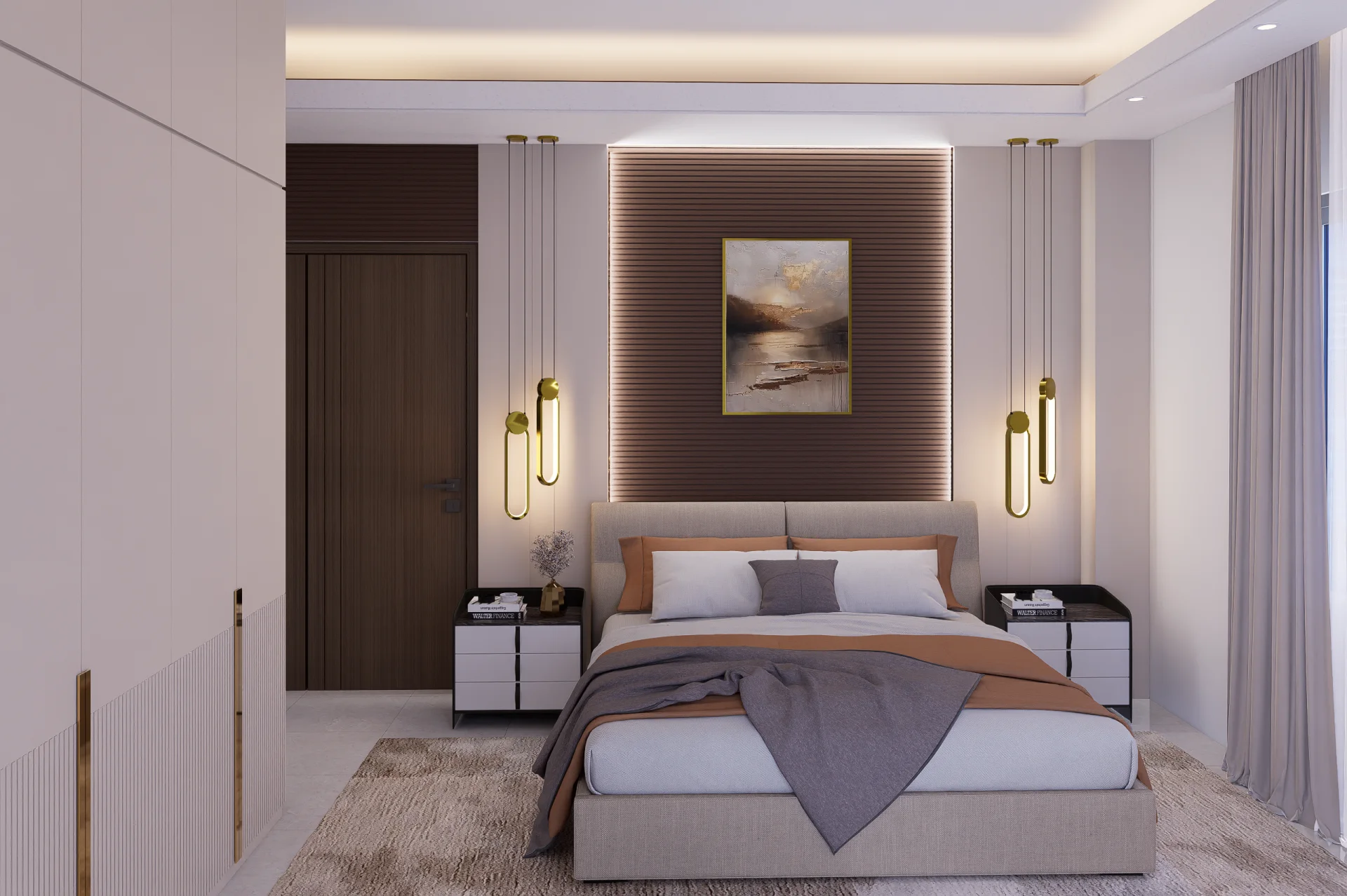 Junior bedroom suite with dark fluted acoustic wood headboard perimeter warm LED backlighting and oblong brass pendant lights